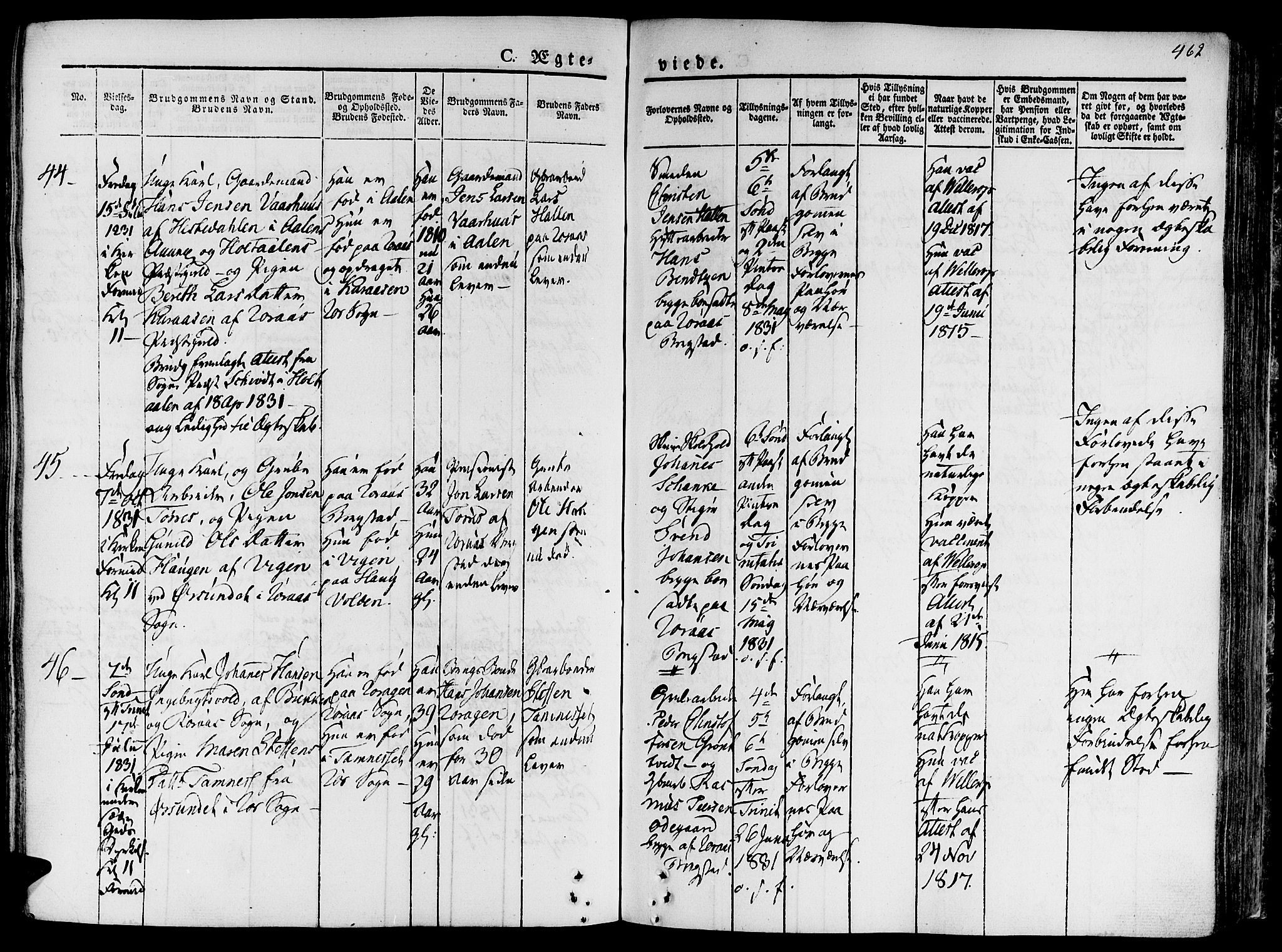 Ministerialprotokoller, klokkerbøker og fødselsregistre - Sør-Trøndelag, SAT/A-1456/681/L0930: Parish register (official) no. 681A08, 1829-1844, p. 462
