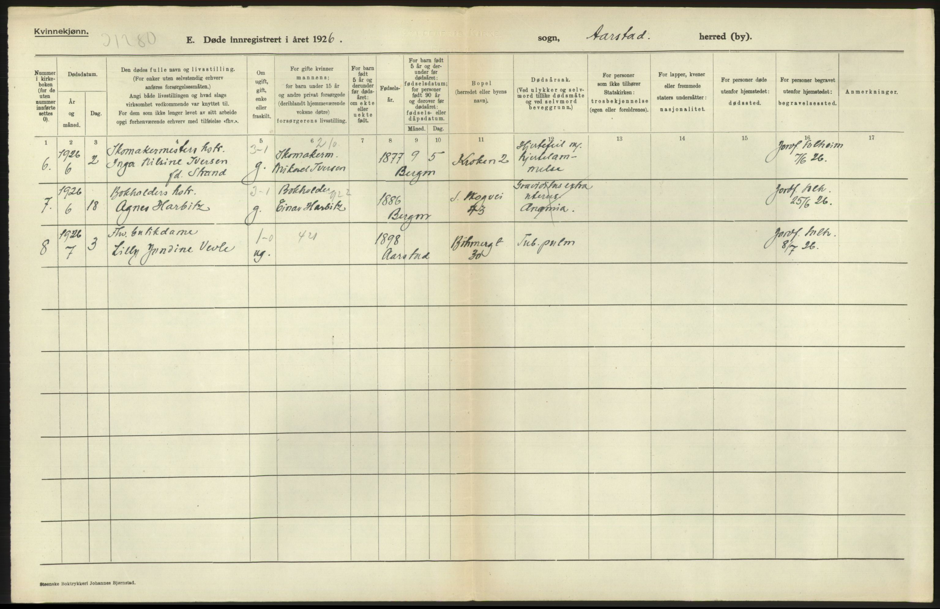 Statistisk sentralbyrå, Sosiodemografiske emner, Befolkning, RA/S-2228/D/Df/Dfc/Dfcf/L0028: Bergen: Gifte, døde, dødfødte., 1926, p. 514