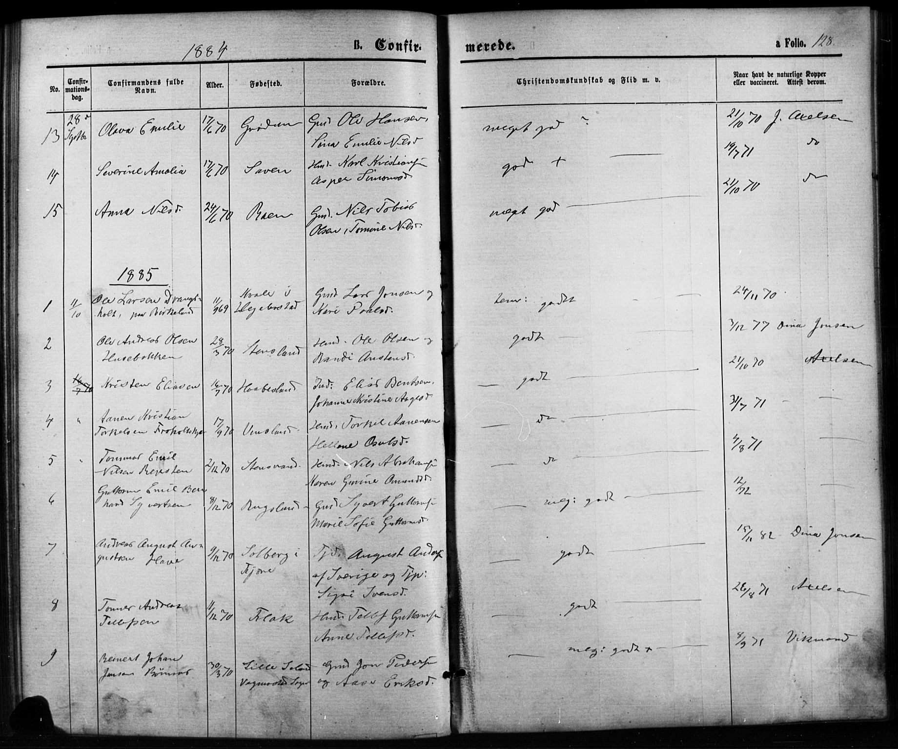 Birkenes sokneprestkontor, SAK/1111-0004/F/Fb/L0003: Parish register (copy) no. B 3, 1876-1892, p. 128