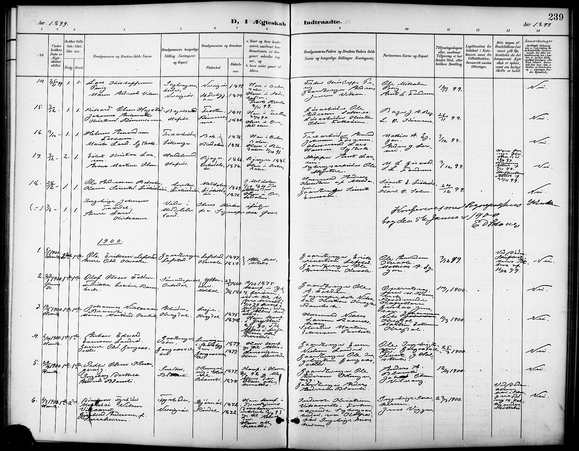 Ministerialprotokoller, klokkerbøker og fødselsregistre - Sør-Trøndelag, SAT/A-1456/668/L0819: Parish register (copy) no. 668C08, 1899-1912, p. 239