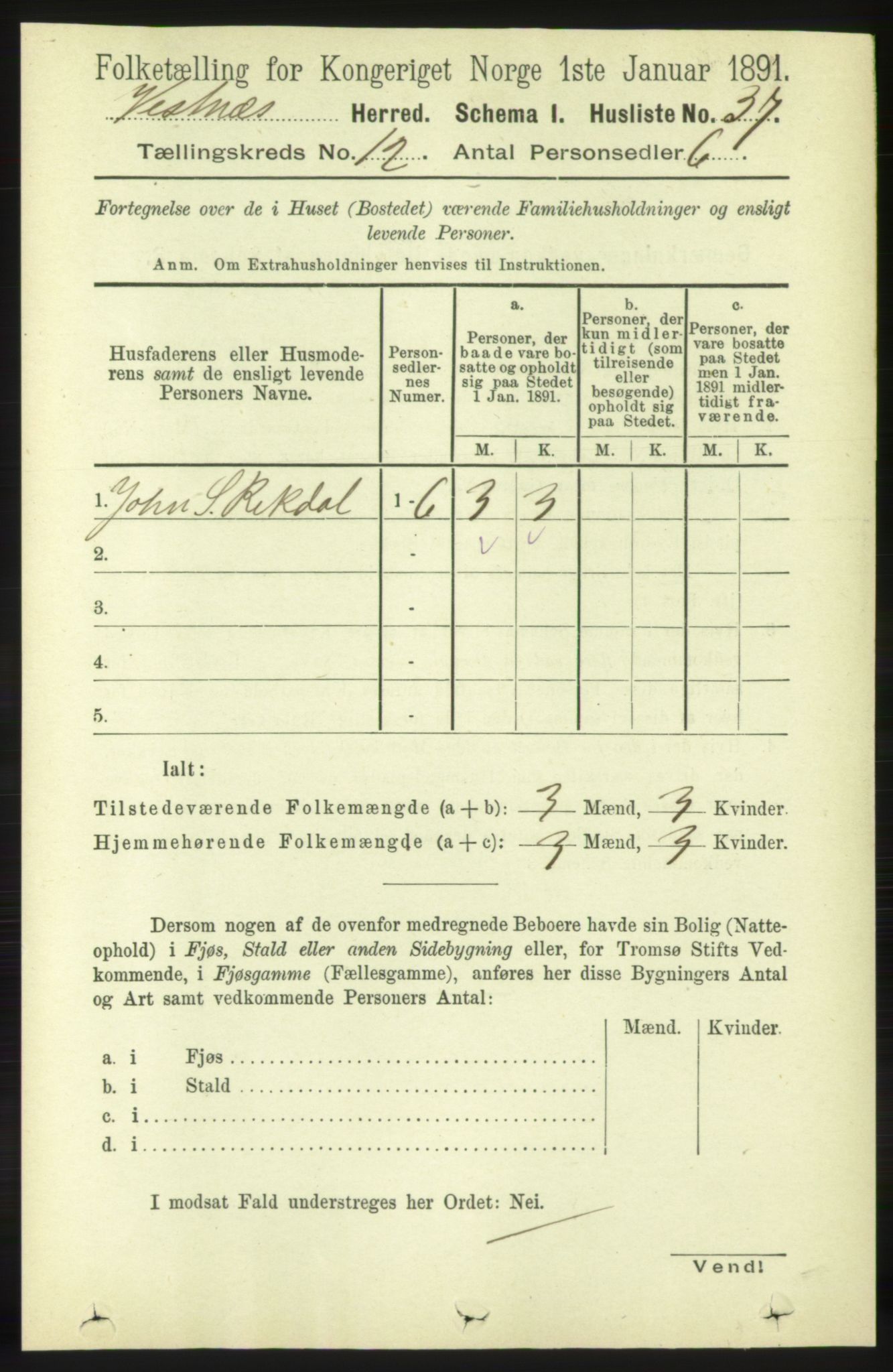 RA, 1891 census for 1535 Vestnes, 1891, p. 4405