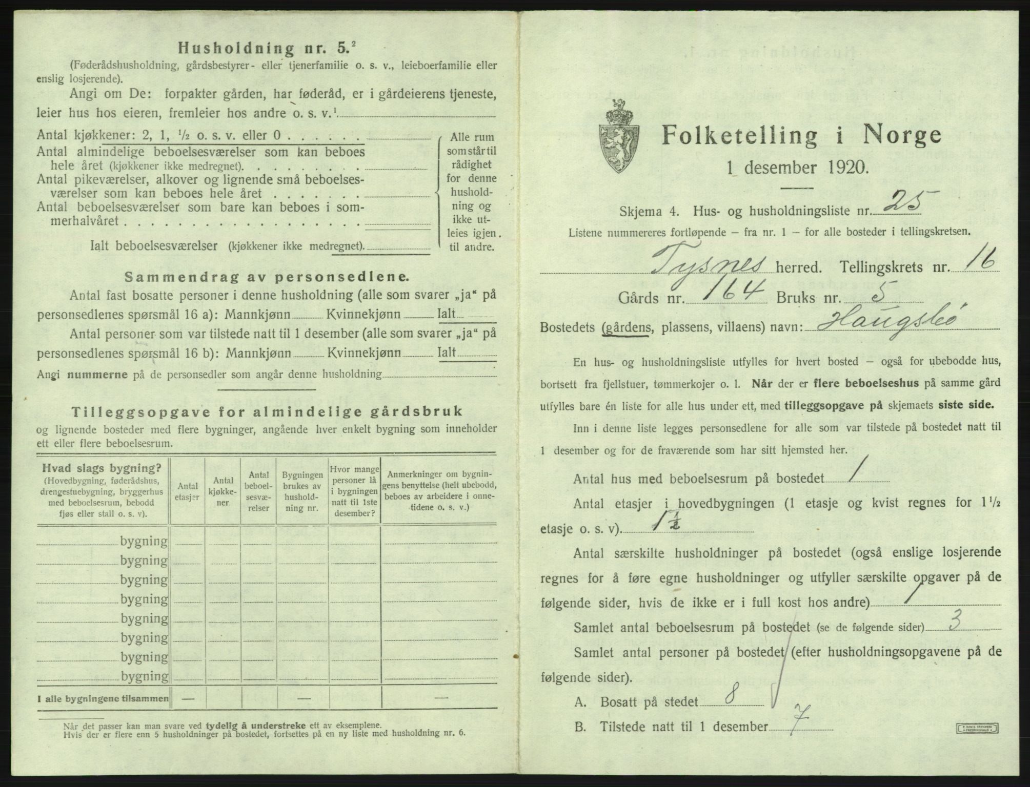 SAB, 1920 census for Tysnes, 1920, p. 1595