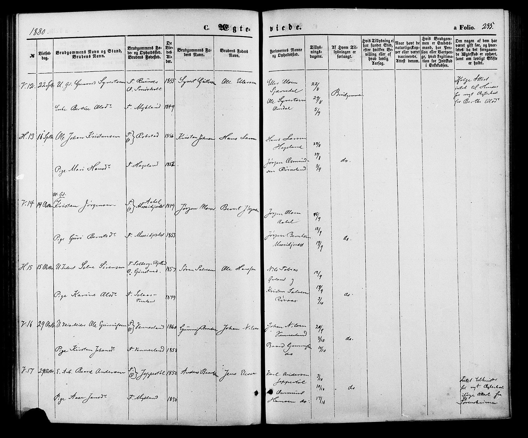 Vennesla sokneprestkontor, SAK/1111-0045/Fa/Fac/L0008: Parish register (official) no. A 8, 1874-1883, p. 235