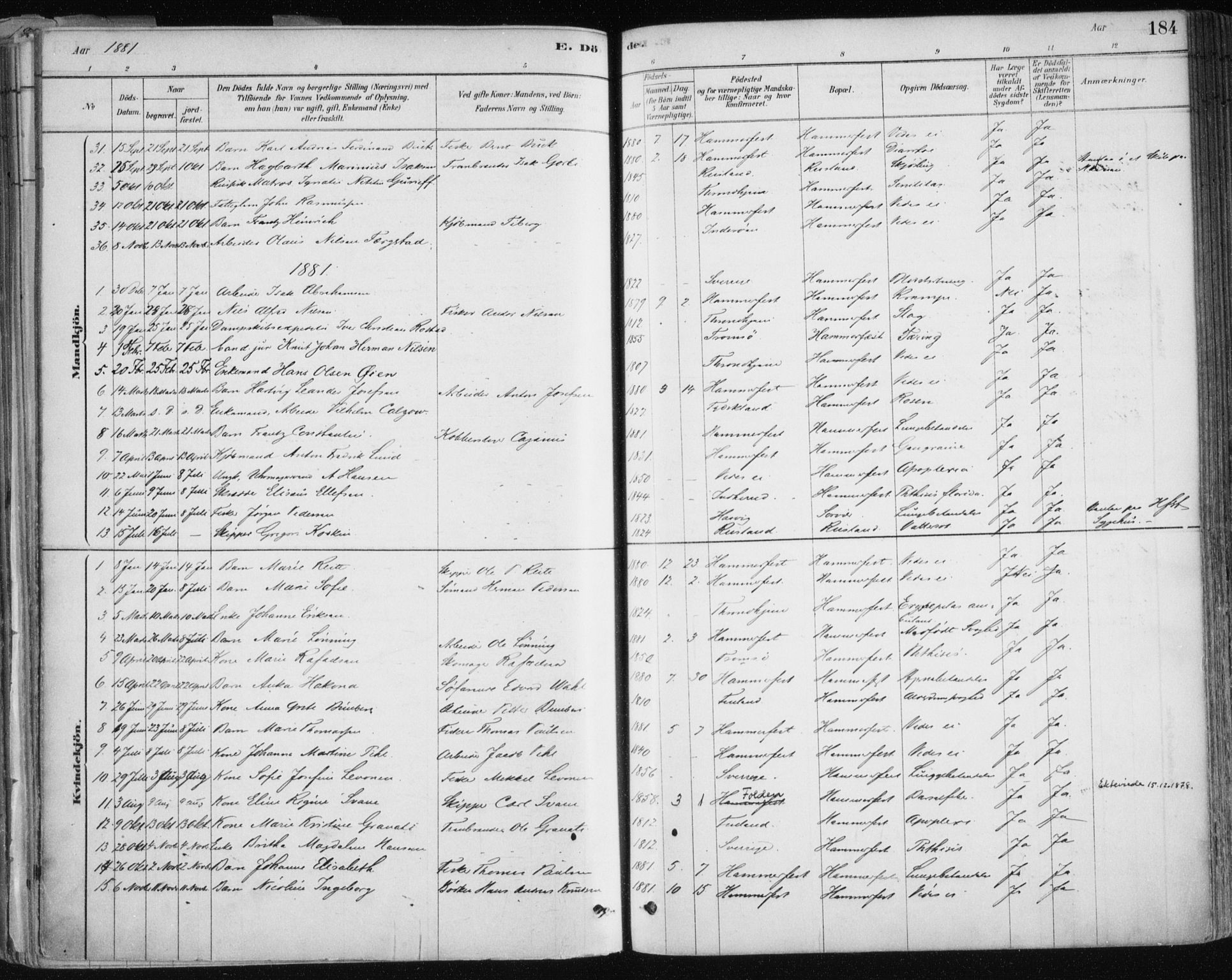 Hammerfest sokneprestkontor, SATØ/S-1347/H/Ha/L0008.kirke: Parish register (official) no. 8, 1878-1889, p. 184