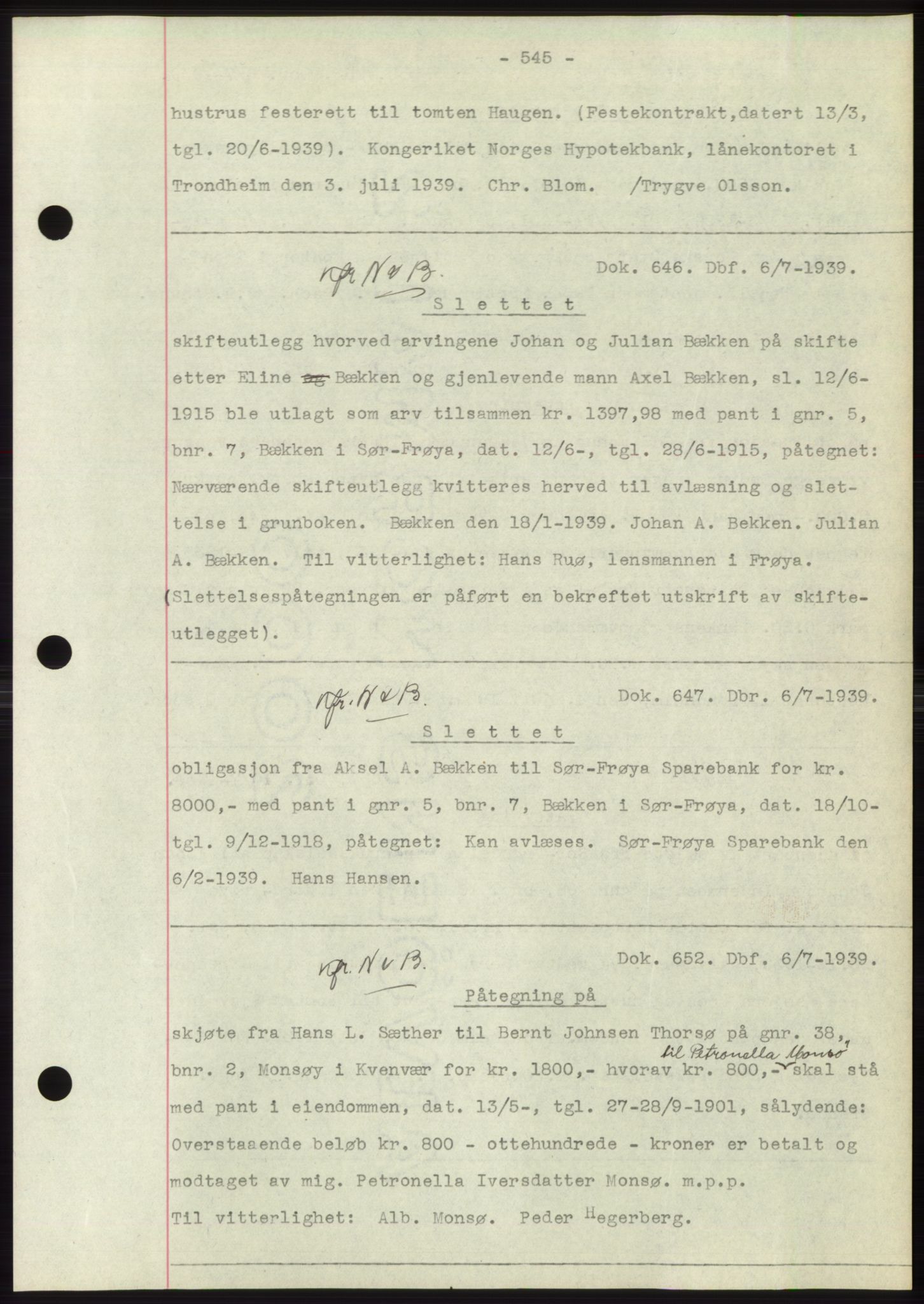Hitra sorenskriveri, AV/SAT-A-0018/2/2C/2Ca: Mortgage book no. C1, 1936-1945, Diary no: : 646/1939