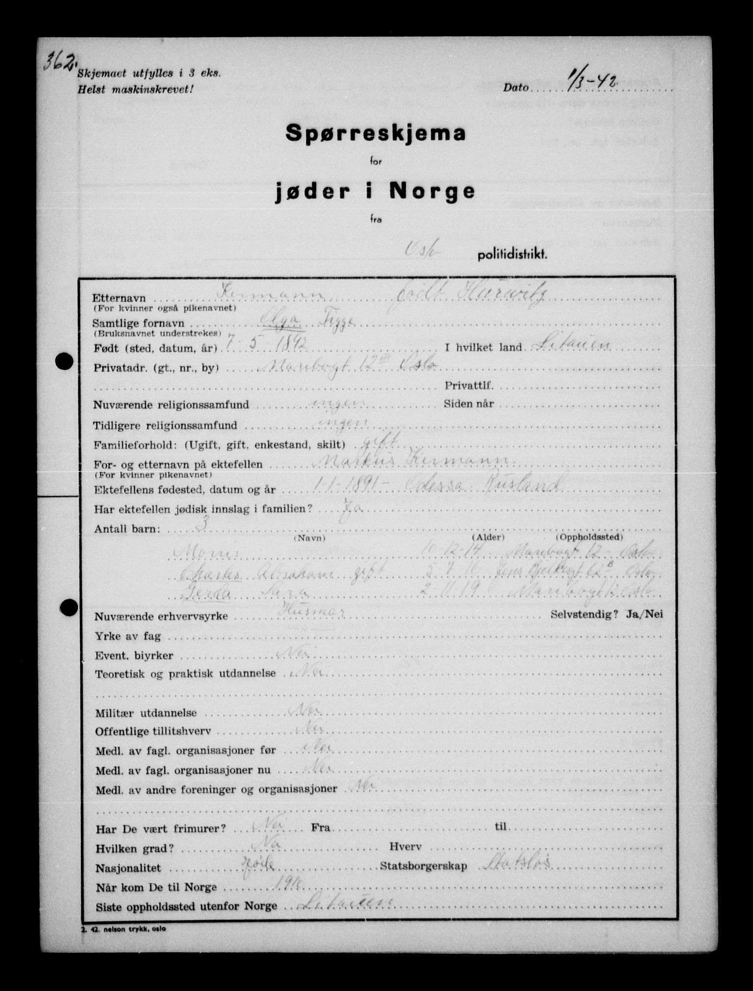 Statspolitiet - Hovedkontoret / Osloavdelingen, AV/RA-S-1329/G/Ga/L0010: Spørreskjema for jøder i Norge, Oslo Hansen-Pintzow, 1942, p. 303