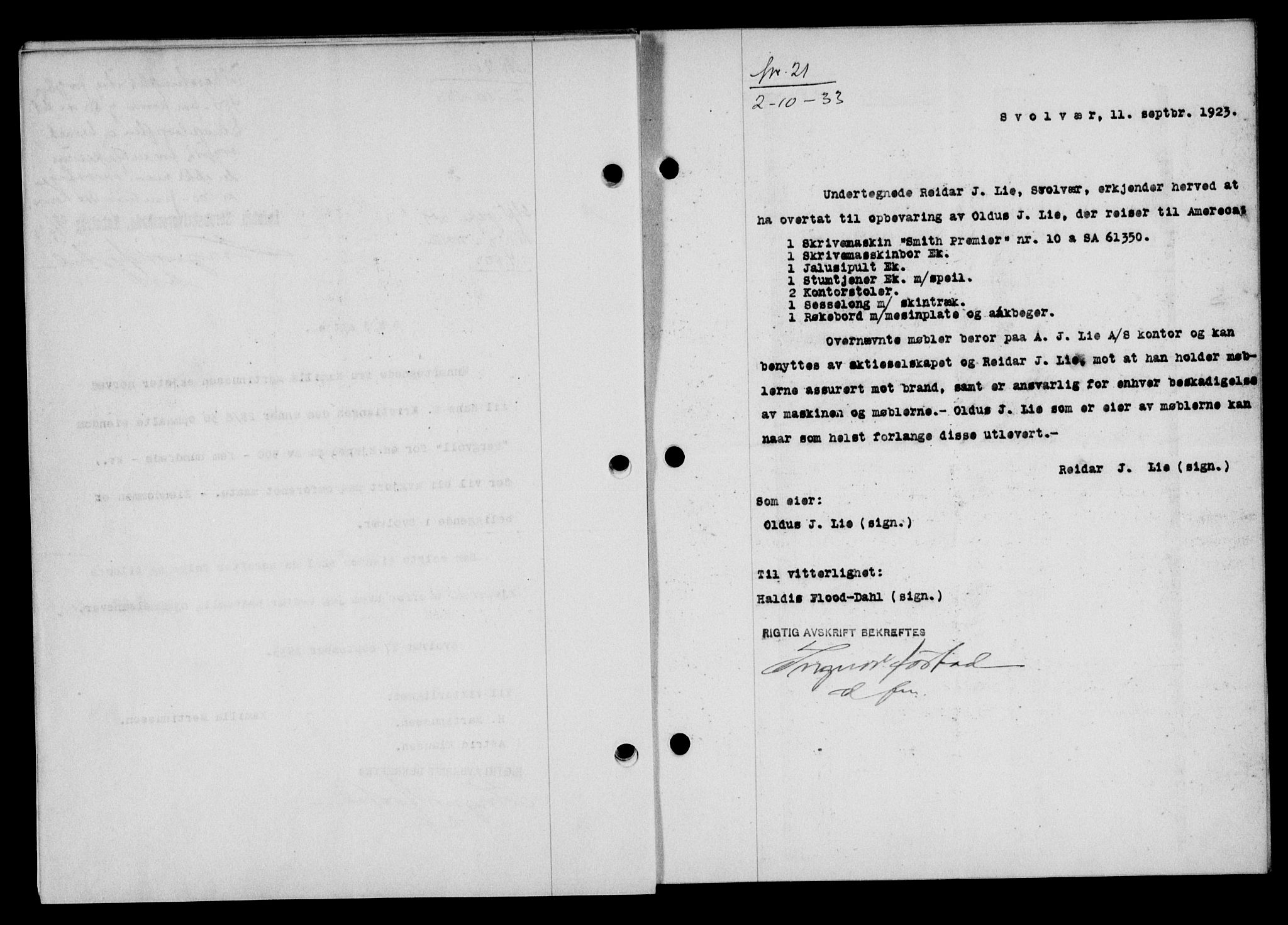 Lofoten sorenskriveri, SAT/A-0017/1/2/2C/L0028b: Mortgage book no. 28b, 1933-1933, Deed date: 02.10.1933