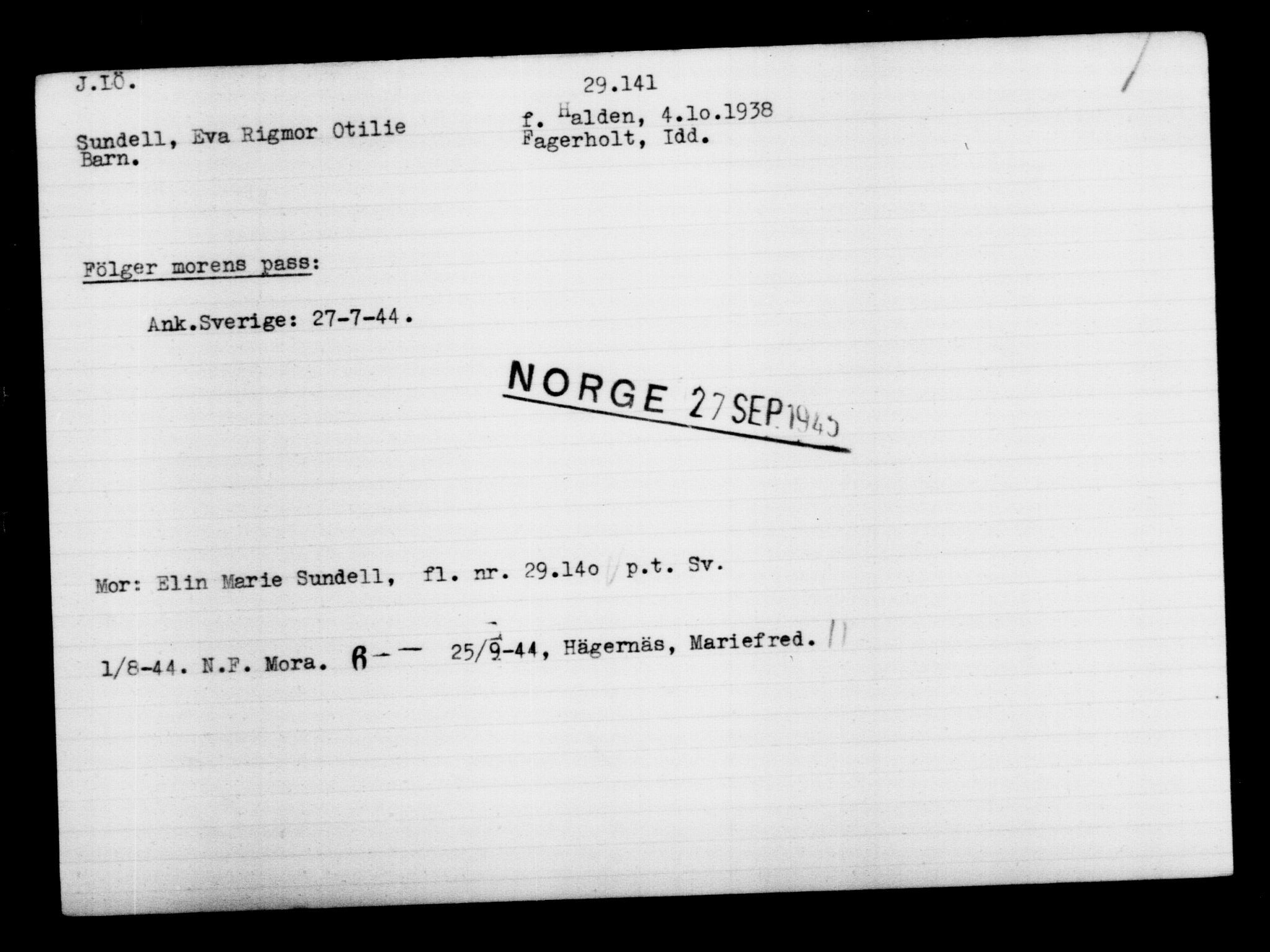Utenriksstasjonene, Legasjonen i Stockholm, Flyktningkontoret, AV/RA-S-6753/V/Va/L0012: Kjesäterkartoteket, flyktninger med registreringsnr. 28300-31566, 1940-1945, p. 911