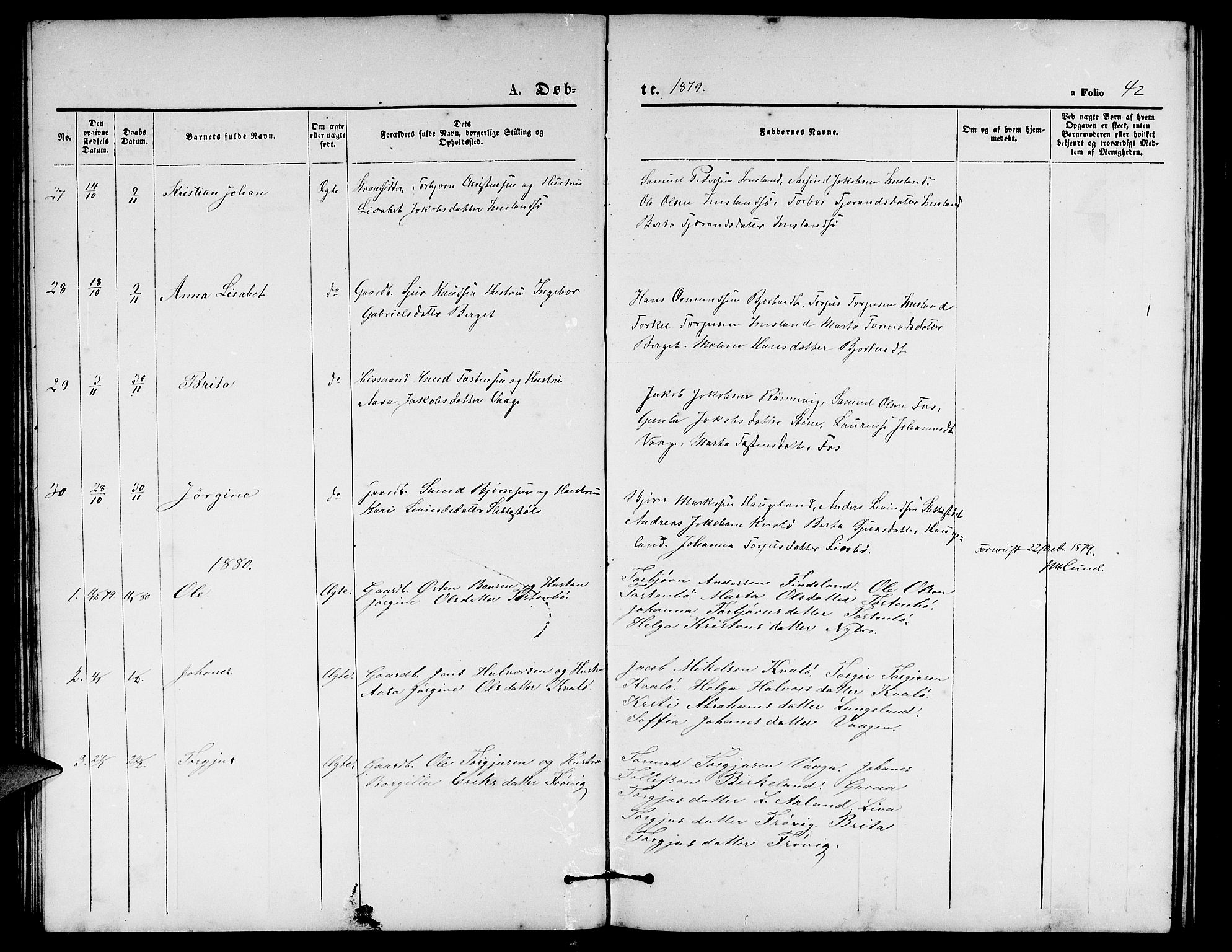 Vikedal sokneprestkontor, AV/SAST-A-101840/01/V: Parish register (copy) no. B 4, 1868-1890, p. 42