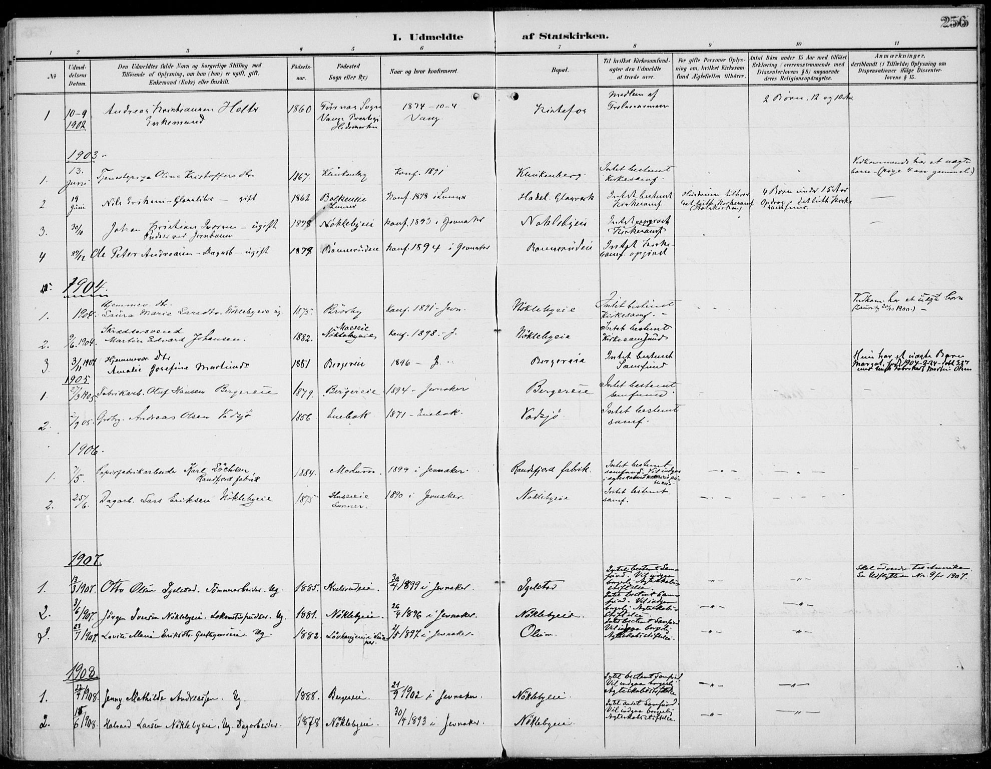 Jevnaker prestekontor, SAH/PREST-116/H/Ha/Haa/L0011: Parish register (official) no. 11, 1902-1913, p. 256