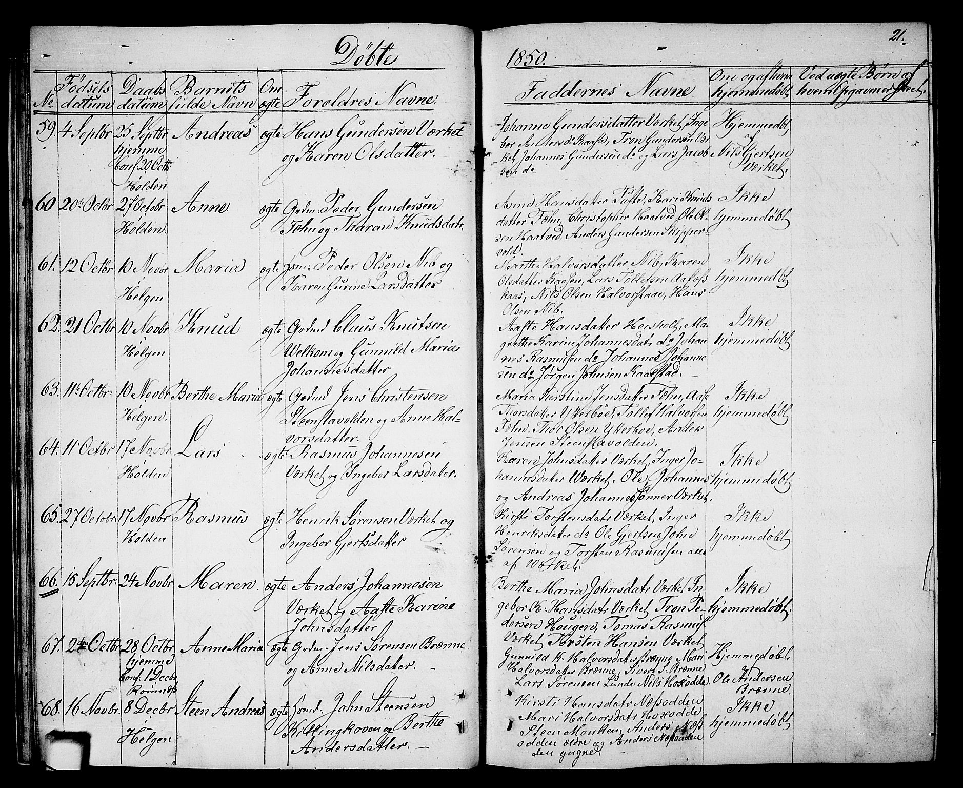 Holla kirkebøker, SAKO/A-272/G/Ga/L0003: Parish register (copy) no. I 3, 1849-1866, p. 21