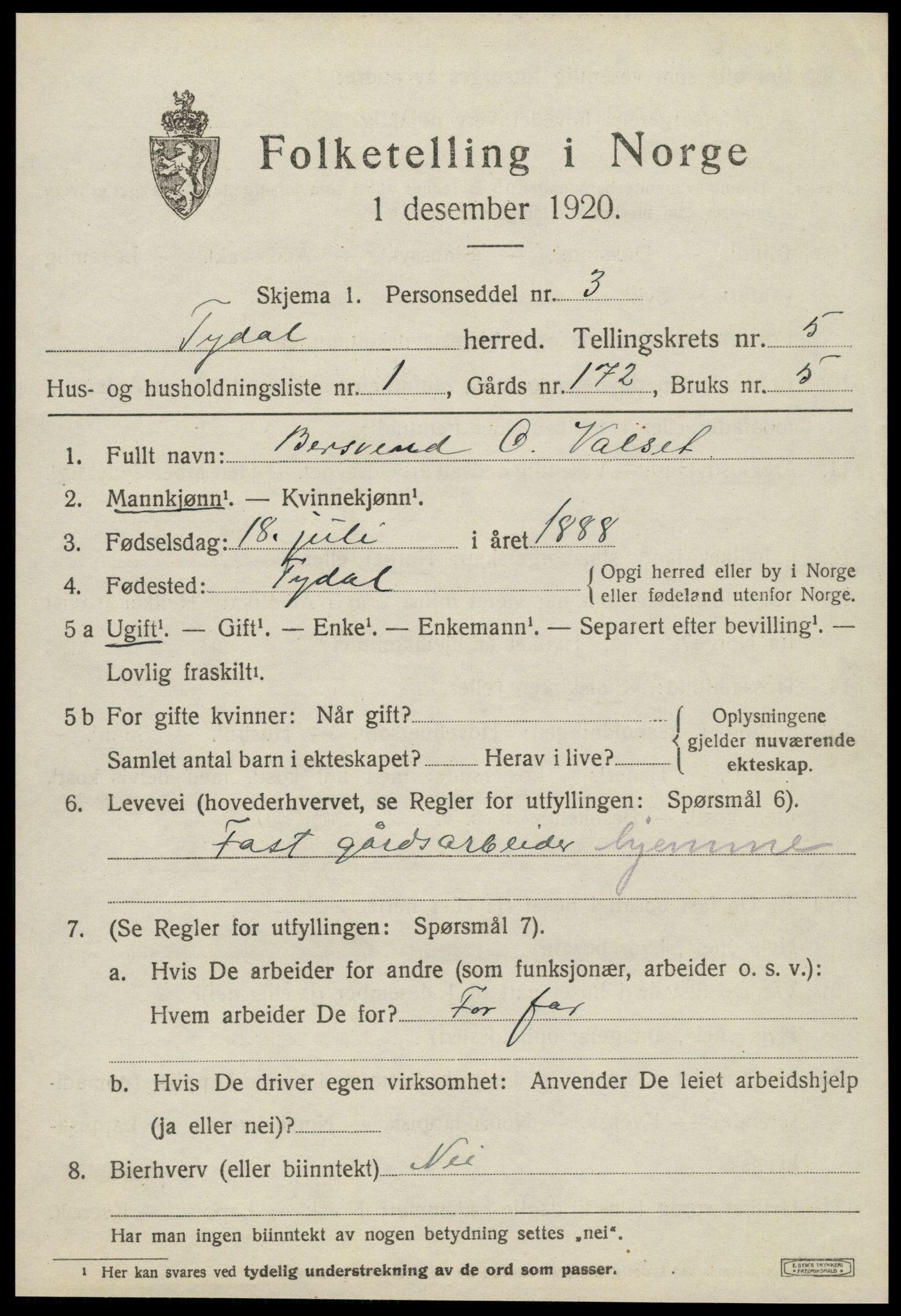 SAT, 1920 census for Tydal, 1920, p. 1717