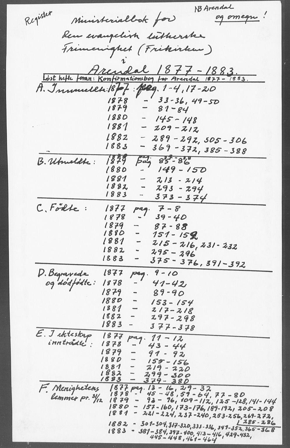 Den evangelisk-lutherske frimenighet, Arendal, SAK/1292-0005/F/Fa/L0001: Dissenter register no. F 5, 1877-1883