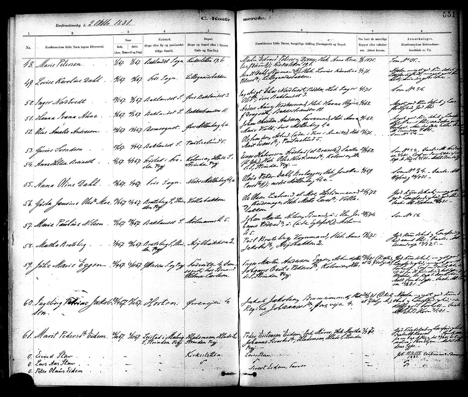 Ministerialprotokoller, klokkerbøker og fødselsregistre - Sør-Trøndelag, AV/SAT-A-1456/604/L0188: Parish register (official) no. 604A09, 1878-1892, p. 551