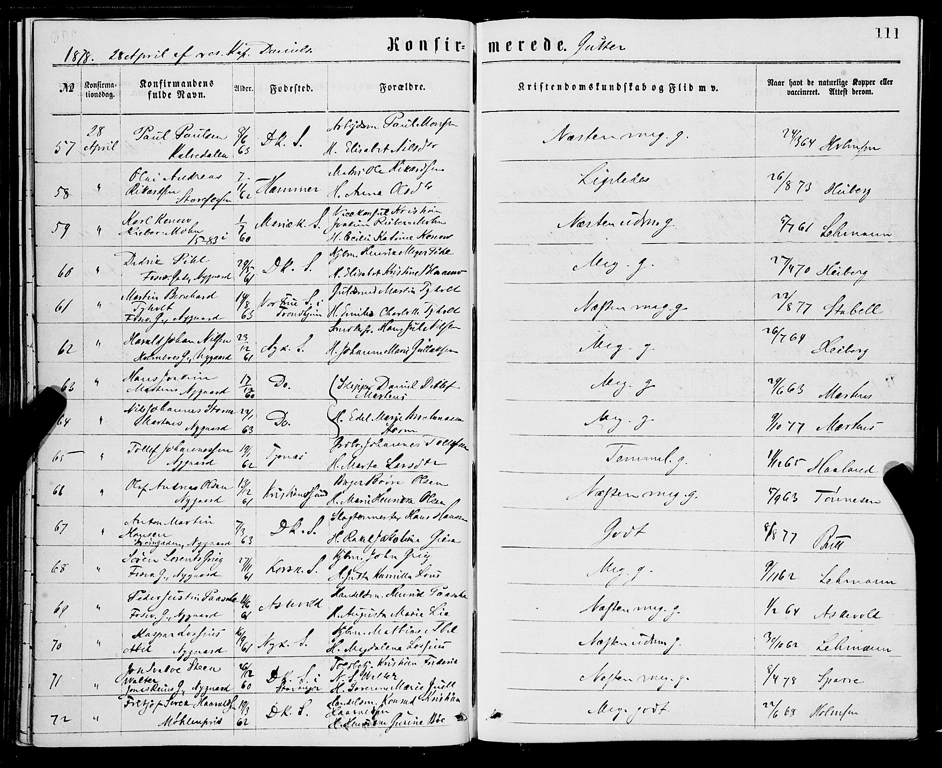 Domkirken sokneprestembete, AV/SAB-A-74801/H/Haa/L0029: Parish register (official) no. C 4, 1864-1879, p. 111