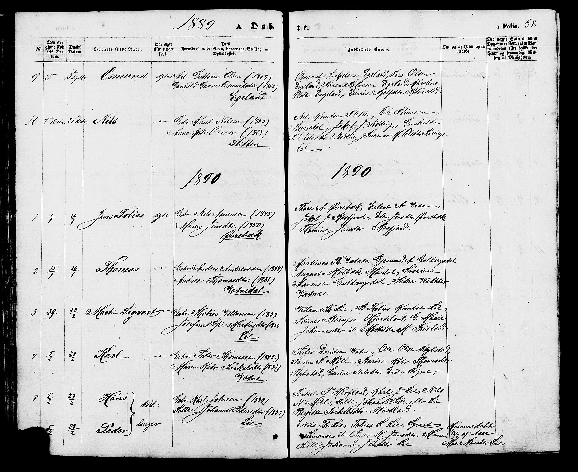 Holum sokneprestkontor, SAK/1111-0022/F/Fb/Fba/L0004: Parish register (copy) no. B 4, 1867-1890, p. 58