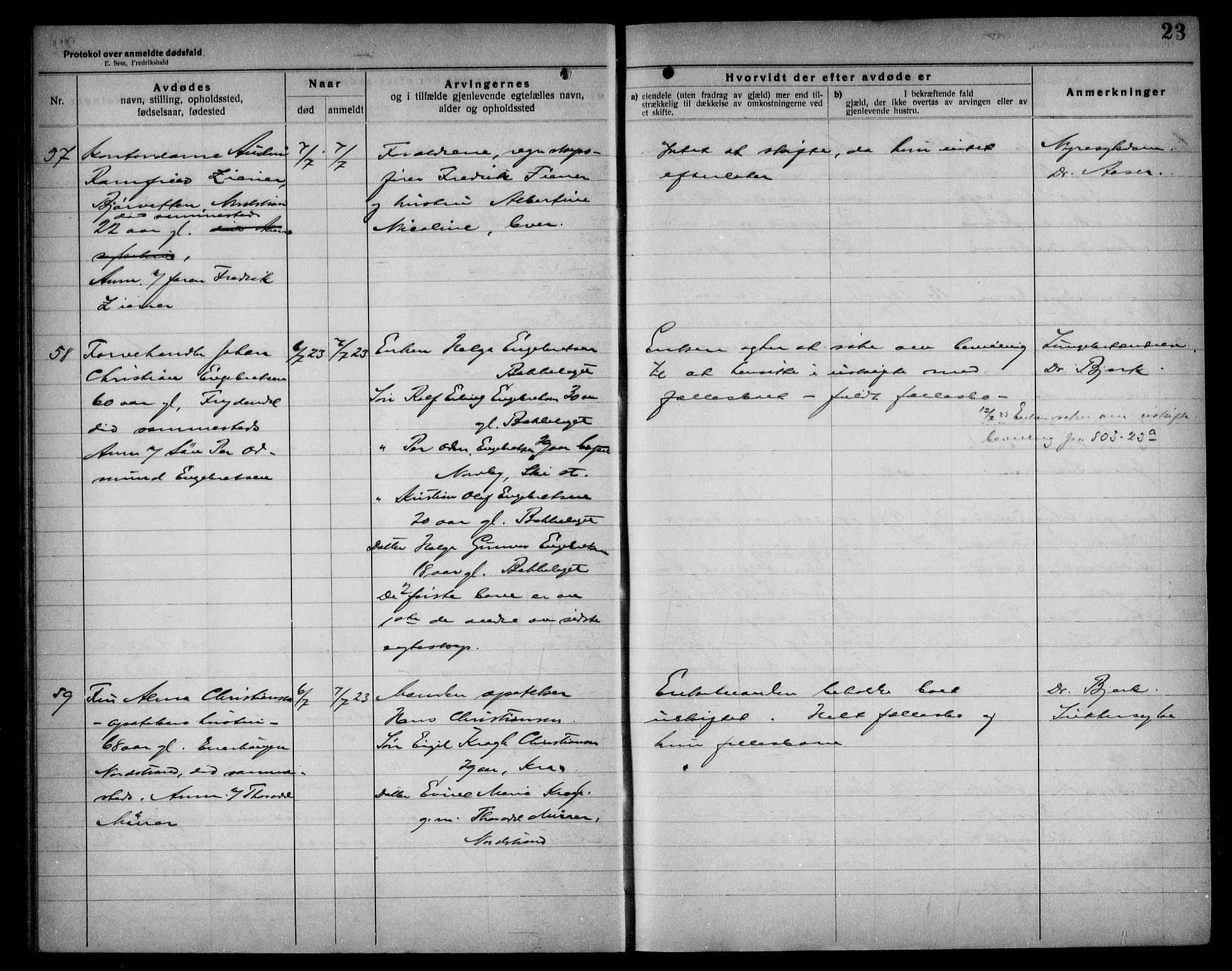 Aker kriminaldommer, skifte- og auksjonsforvalterembete, SAO/A-10452/H/Hb/Hba/Hbad/L0001: Dødsfallsprotokoll for Nordstrand, 1922-1929, p. 23