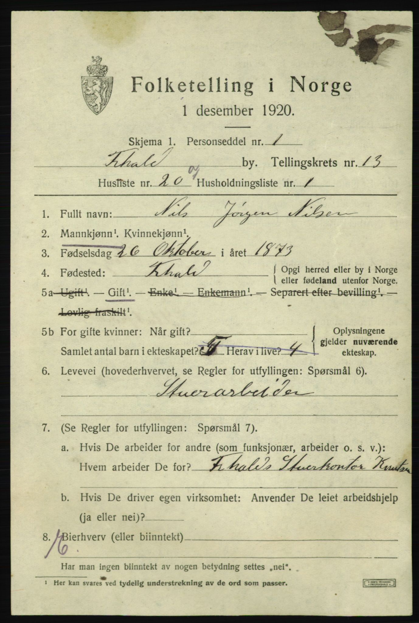 SAO, 1920 census for Fredrikshald, 1920, p. 21014