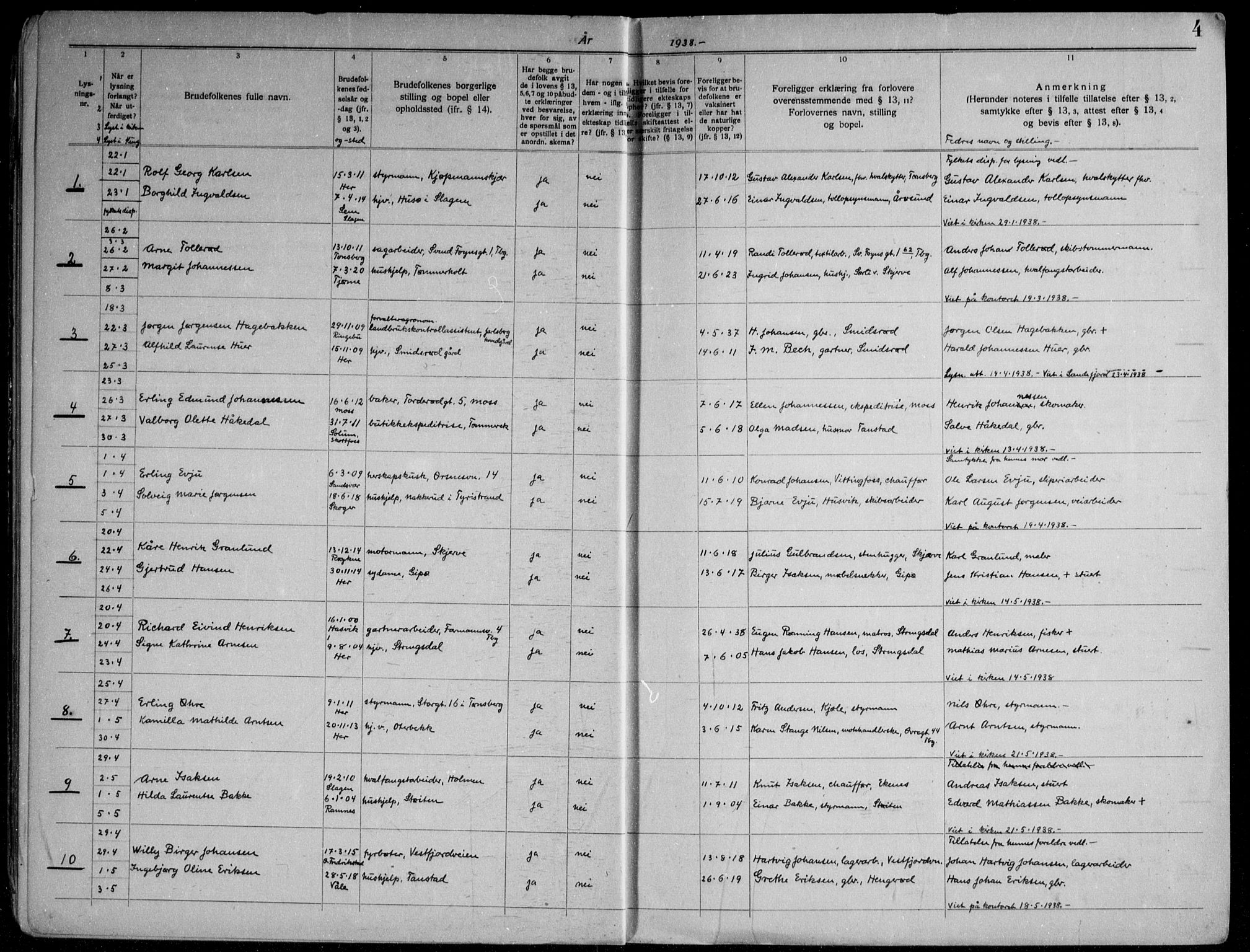 Nøtterøy kirkebøker, AV/SAKO-A-354/H/Ha/L0002: Banns register no. 2, 1937-1952, p. 4