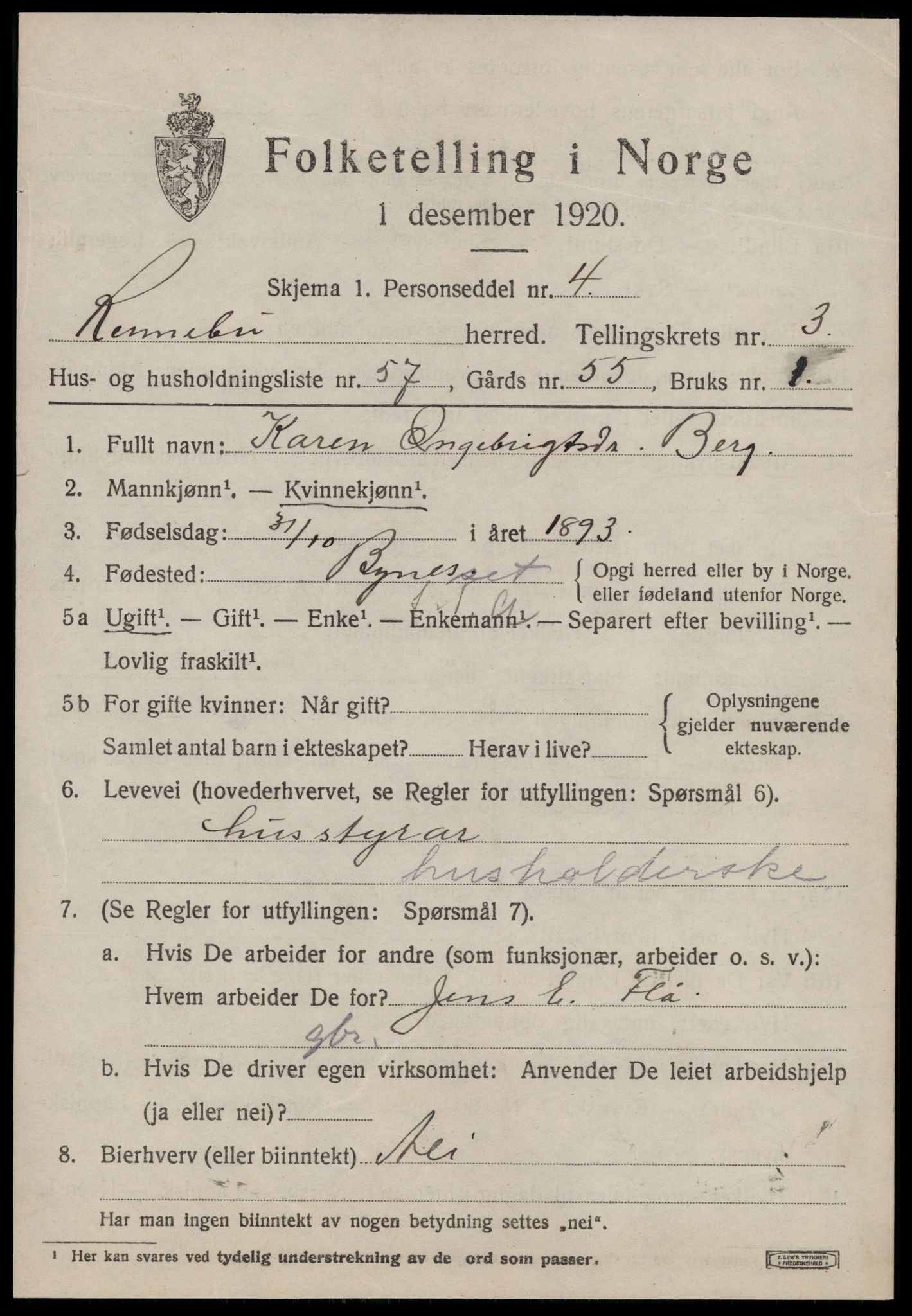 SAT, 1920 census for Rennebu, 1920, p. 2526