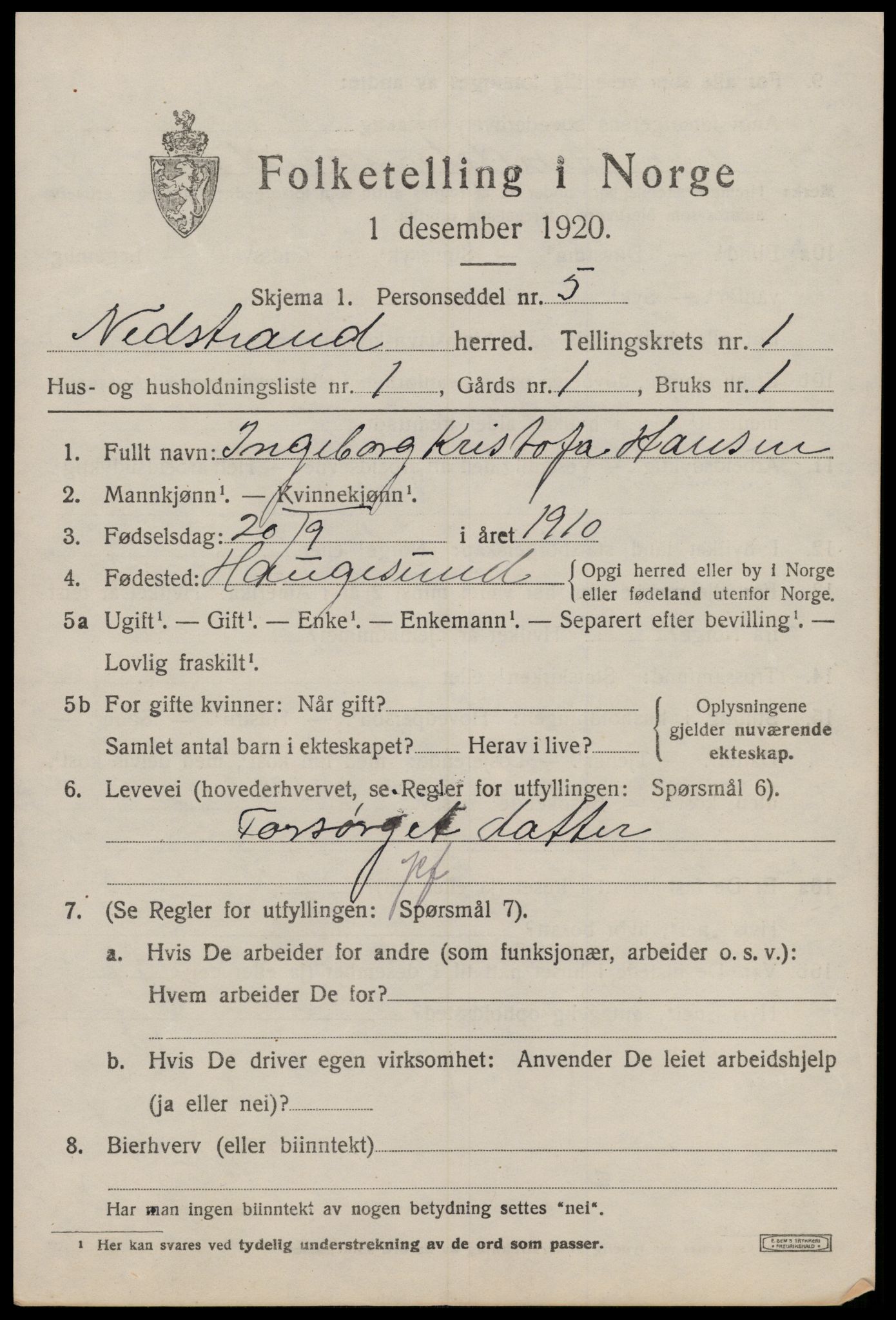 SAST, 1920 census for Nedstrand, 1920, p. 617