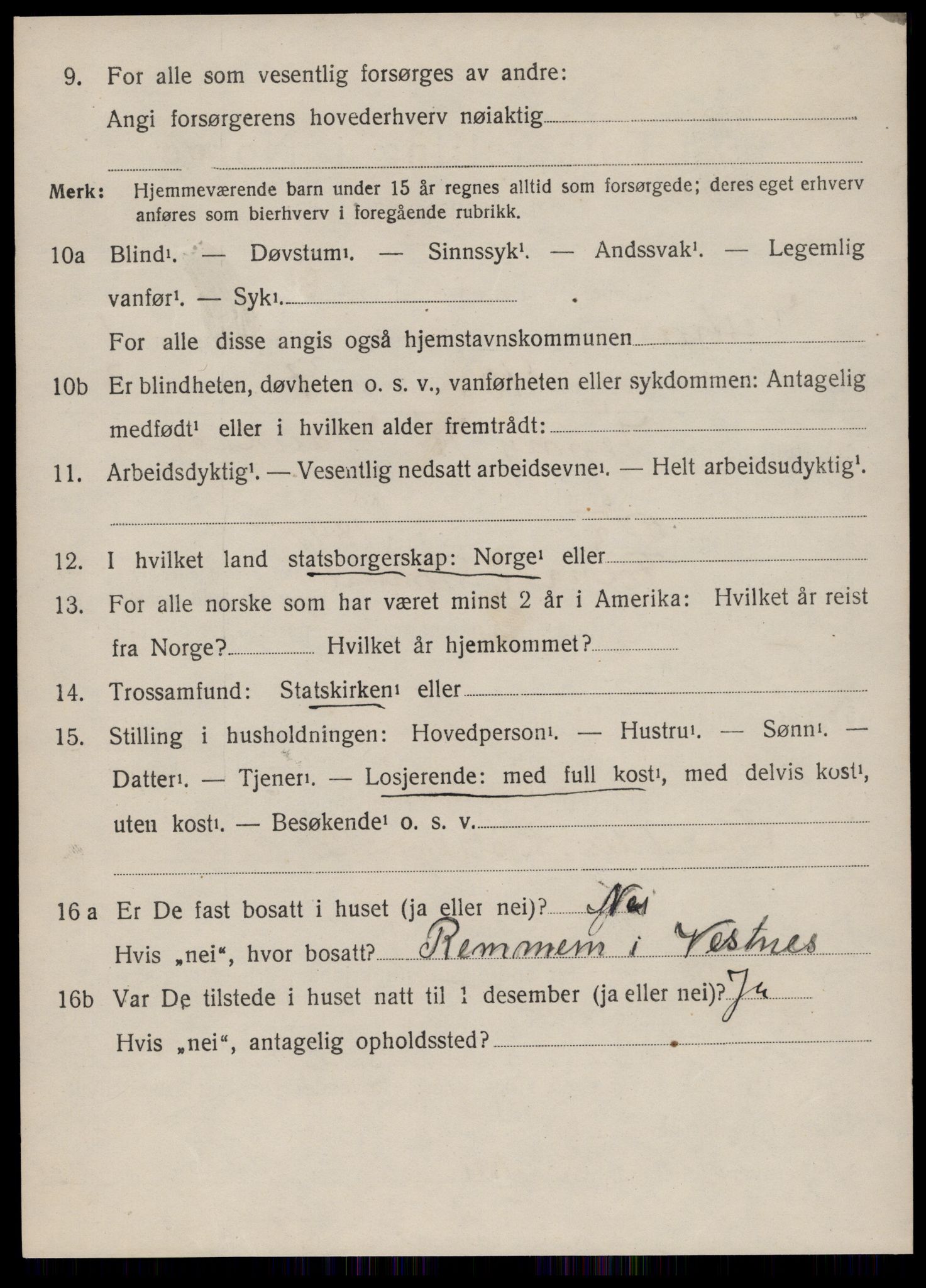 SAT, 1920 census for Vestnes, 1920, p. 1694