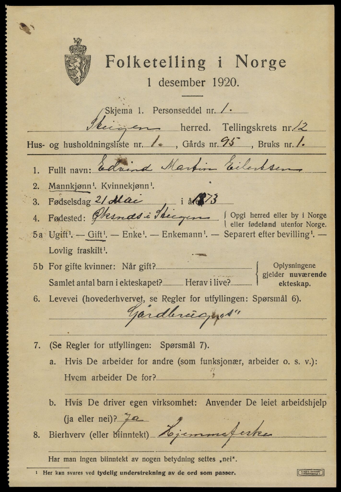 SAT, 1920 census for Steigen, 1920, p. 4764