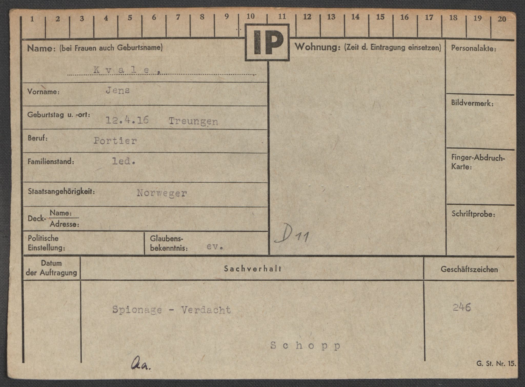 Befehlshaber der Sicherheitspolizei und des SD, RA/RAFA-5969/E/Ea/Eaa/L0006: Register over norske fanger i Møllergata 19: Kj-Lund, 1940-1945, p. 542