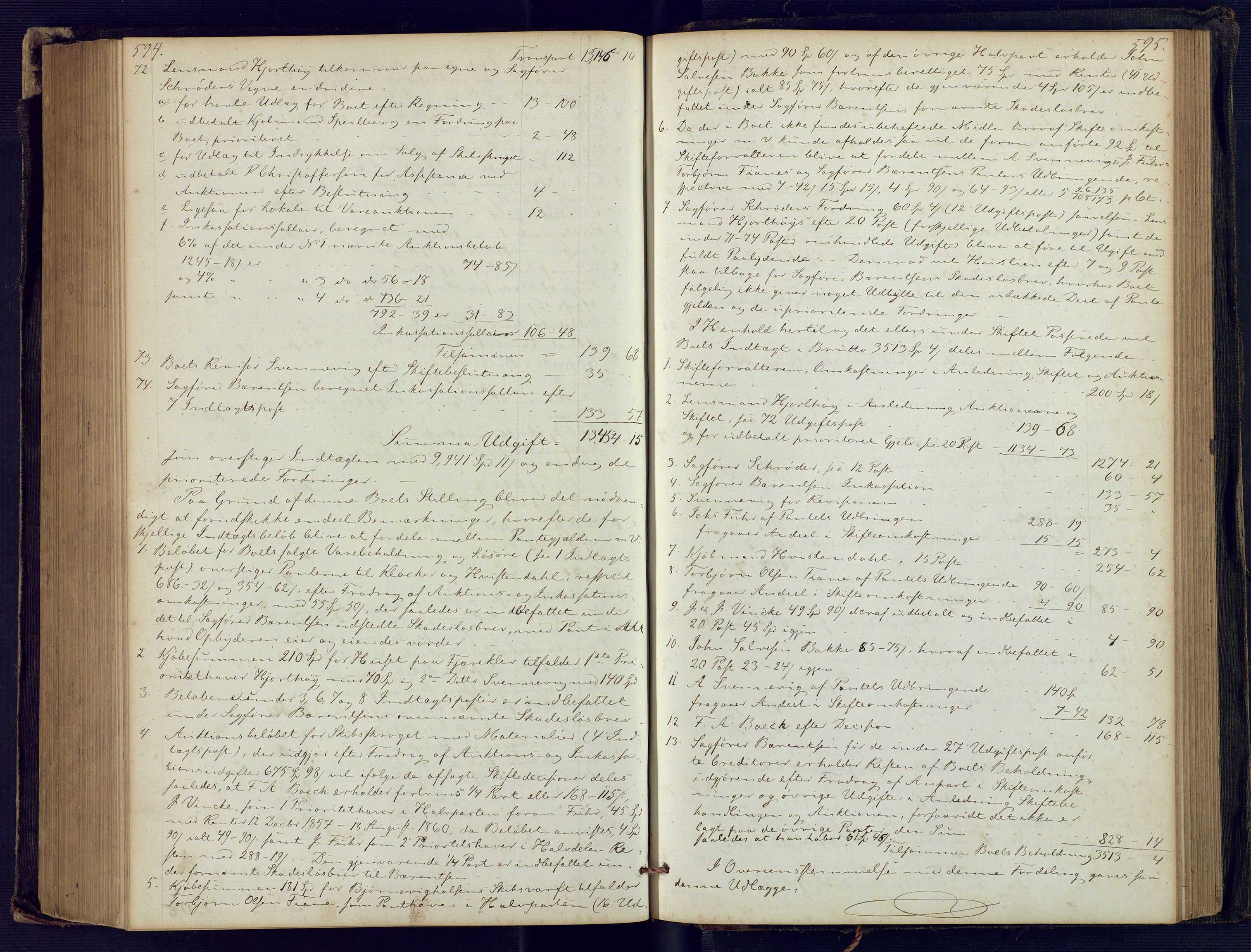 Holt sorenskriveri, SAK/1221-0002/H/Hc/L0029: Skifteutlodningsprotokoll nr. 4 med løst register, 1857-1862, p. 594-595