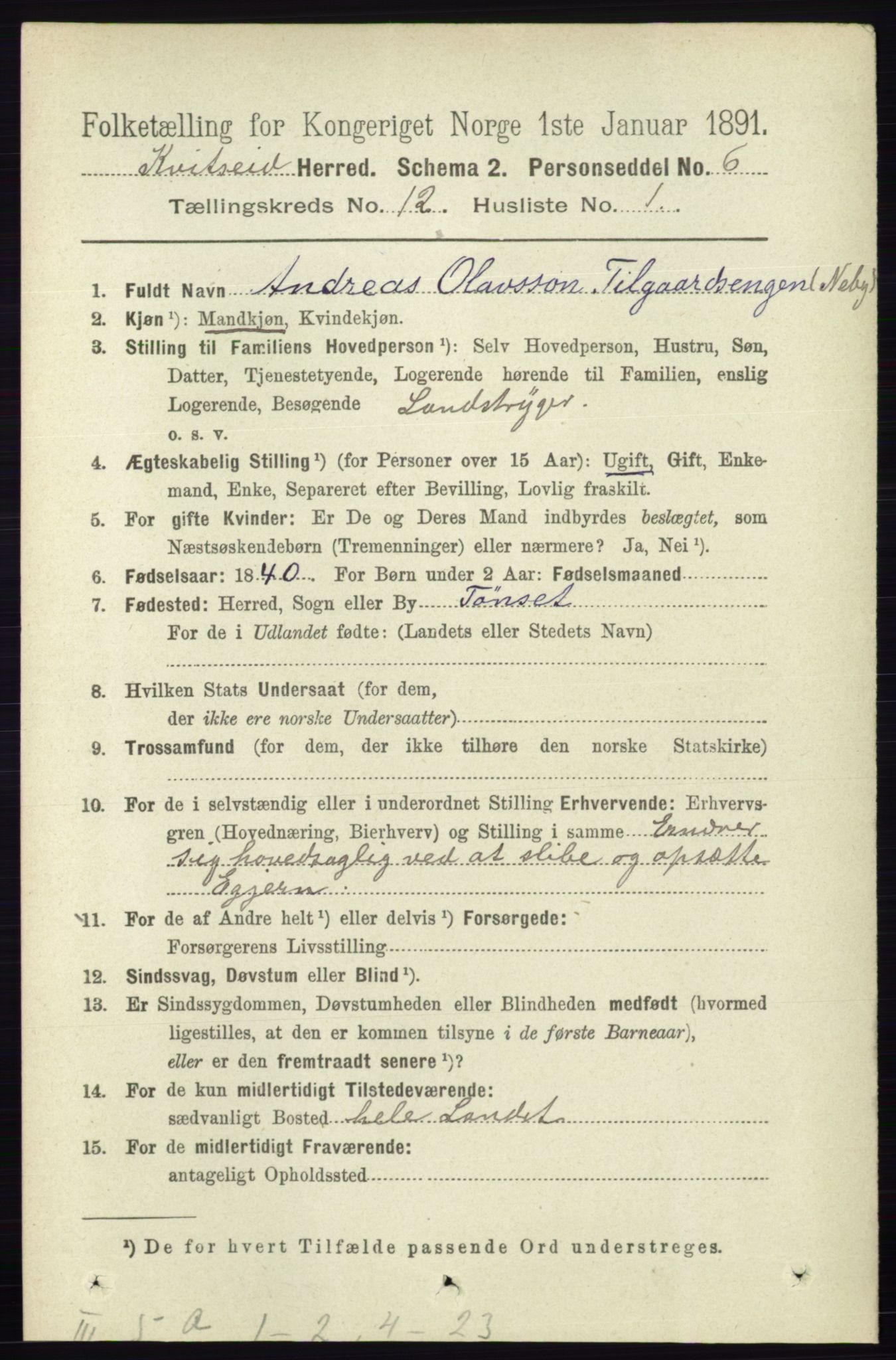 RA, 1891 census for 0829 Kviteseid, 1891, p. 2847