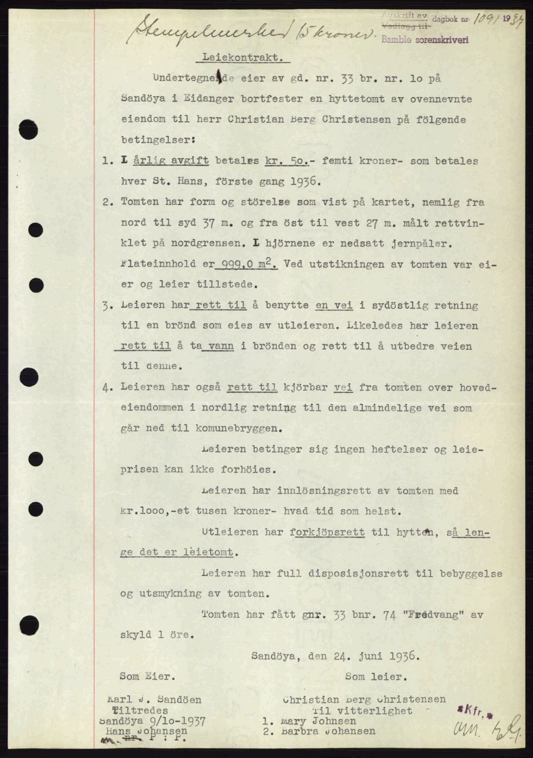 Bamble sorenskriveri, AV/SAKO-A-214/G/Ga/Gag/L0002: Mortgage book no. A-2, 1937-1938, Diary no: : 1091/1937