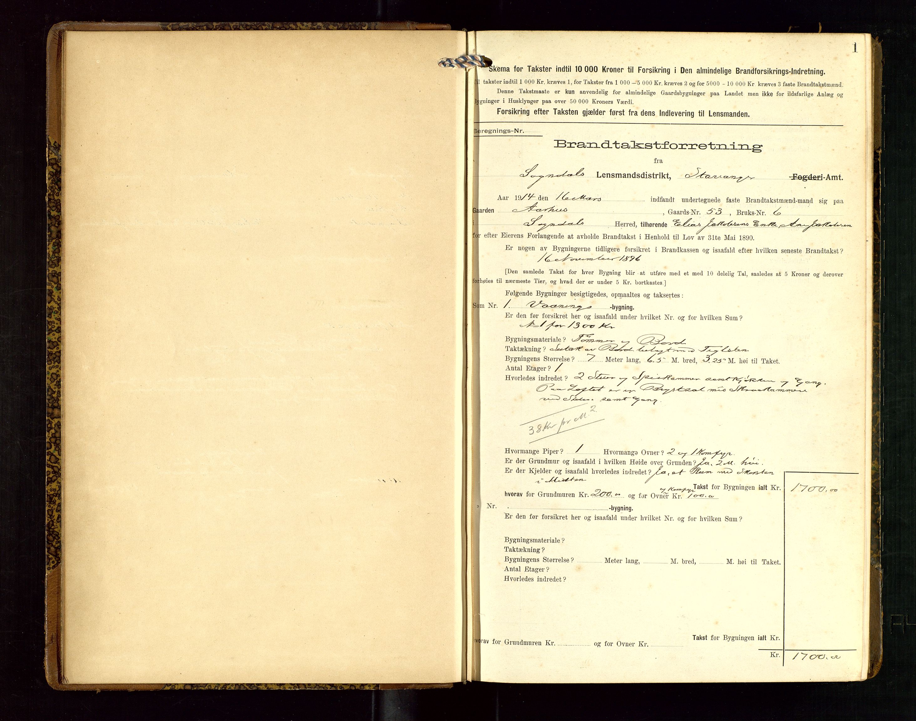 Sokndal lensmannskontor, SAST/A-100417/Gob/L0003: "Brandtakst-Protokol", 1914-1917, p. 1