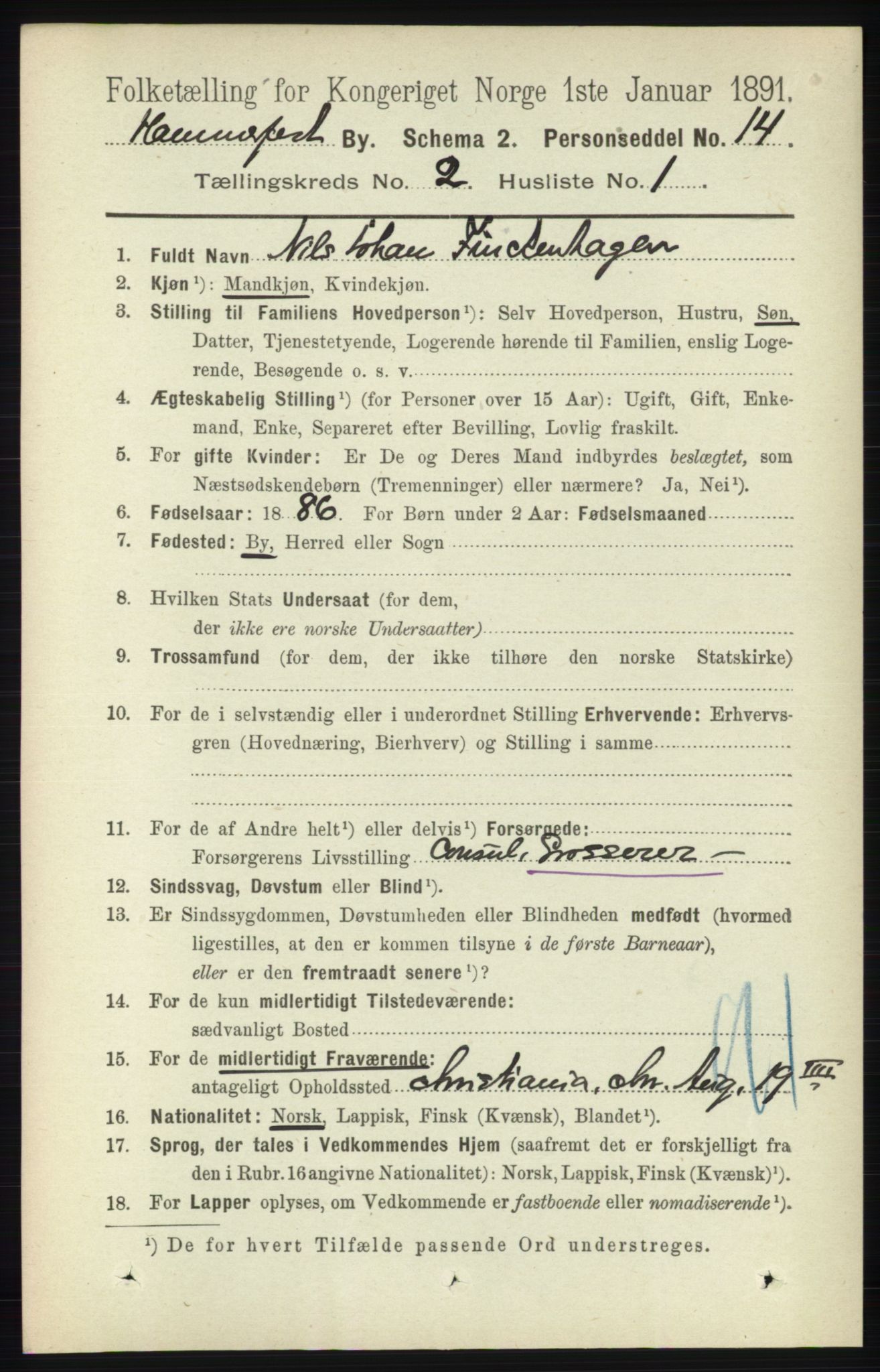 RA, 1891 census for 2001 Hammerfest, 1891, p. 285