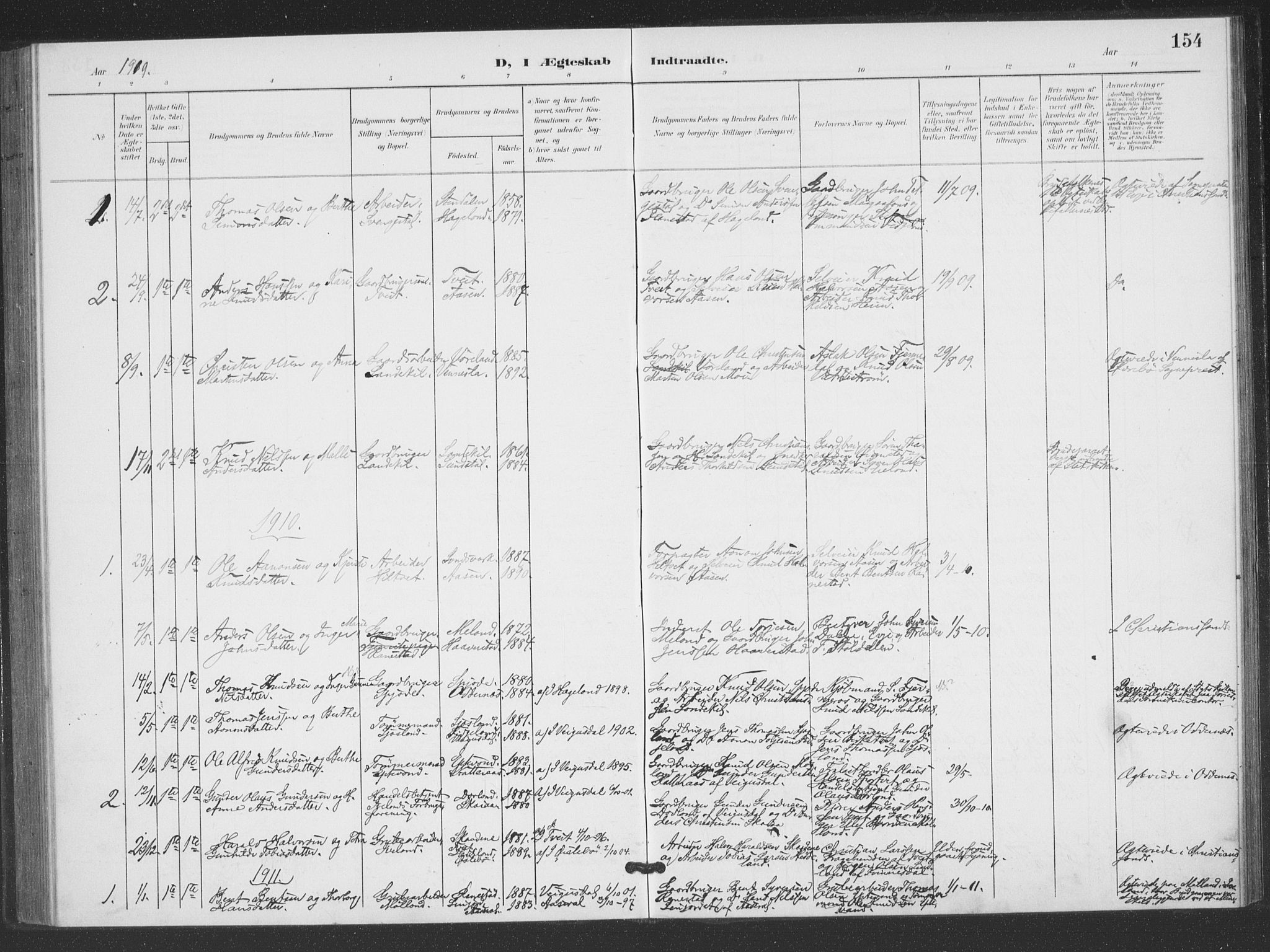 Evje sokneprestkontor, AV/SAK-1111-0008/F/Fb/Fbc/L0005: Parish register (copy) no. B 5, 1901-1935, p. 154