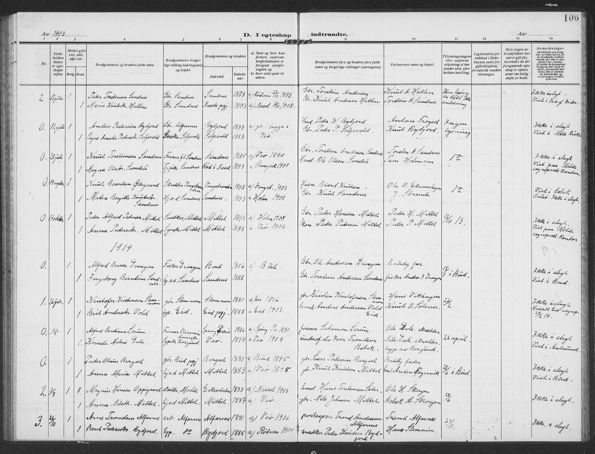 Ministerialprotokoller, klokkerbøker og fødselsregistre - Møre og Romsdal, SAT/A-1454/549/L0615: Parish register (copy) no. 549C01, 1905-1932, p. 106