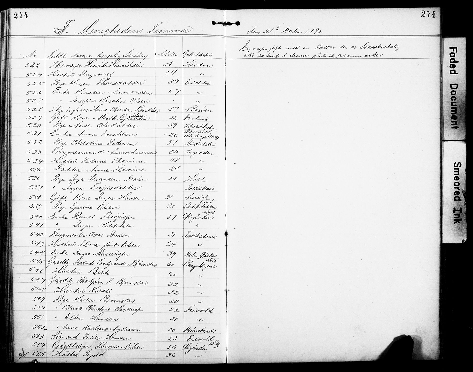 Den evangelisk-lutherske frimenighet, Arendal, AV/SAK-1292-0005/F/Fa/L0002: Dissenter register no. F 6, 1884-1908, p. 274