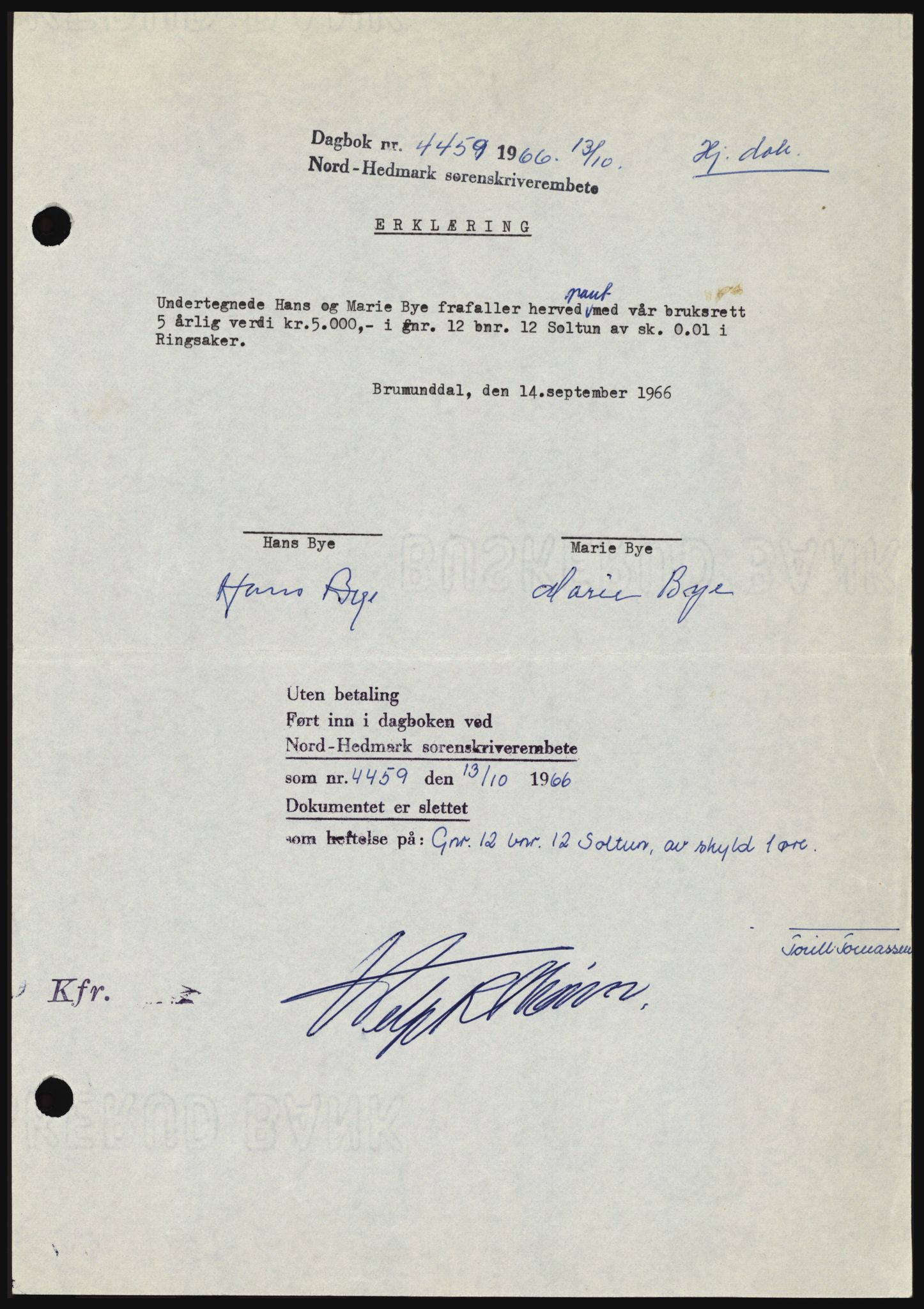 Nord-Hedmark sorenskriveri, AV/SAH-TING-012/H/Hc/L0024: Mortgage book no. 24, 1966-1966, Diary no: : 4459/1966