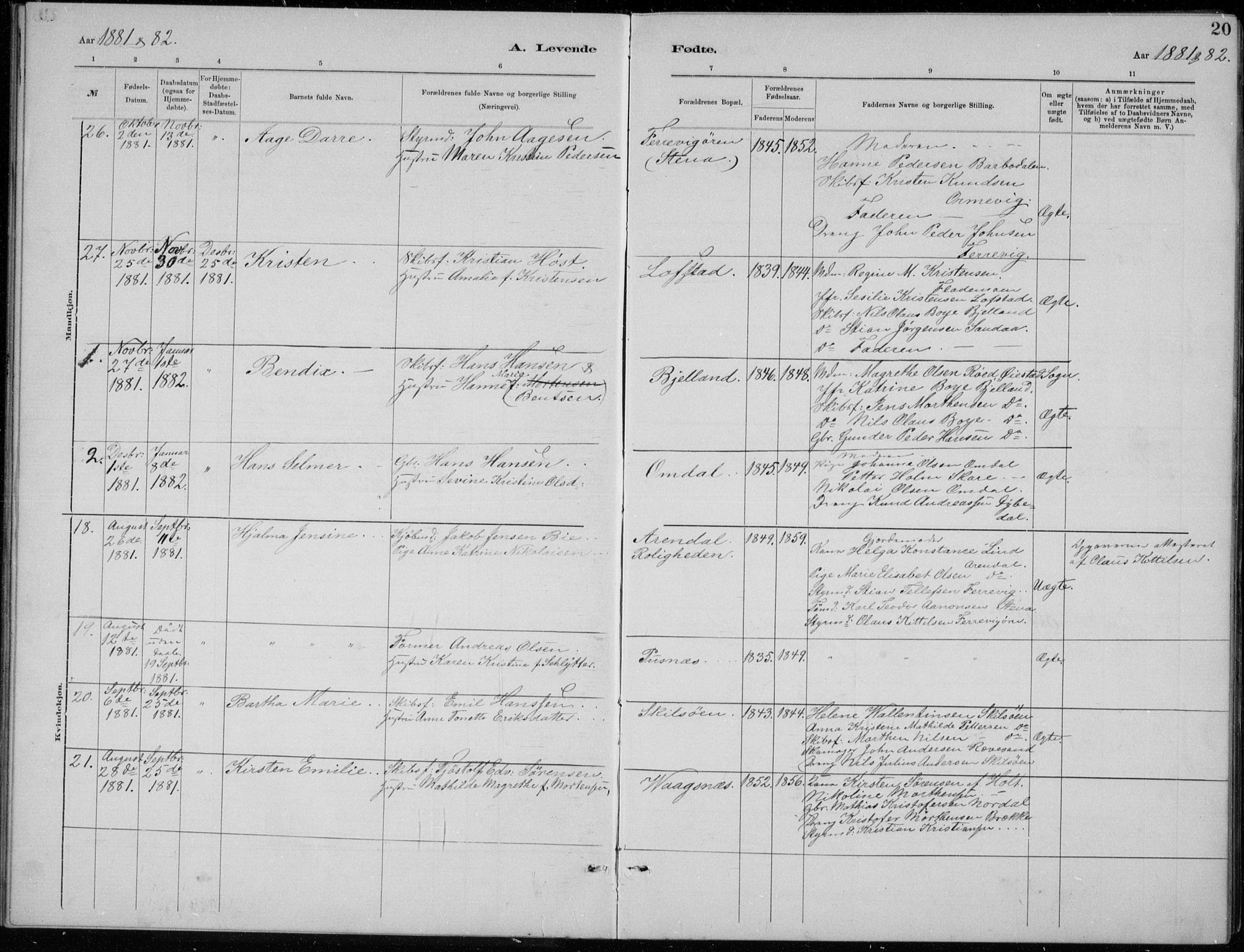 Tromøy sokneprestkontor, SAK/1111-0041/F/Fb/L0005: Parish register (copy) no. B 5, 1877-1891, p. 20