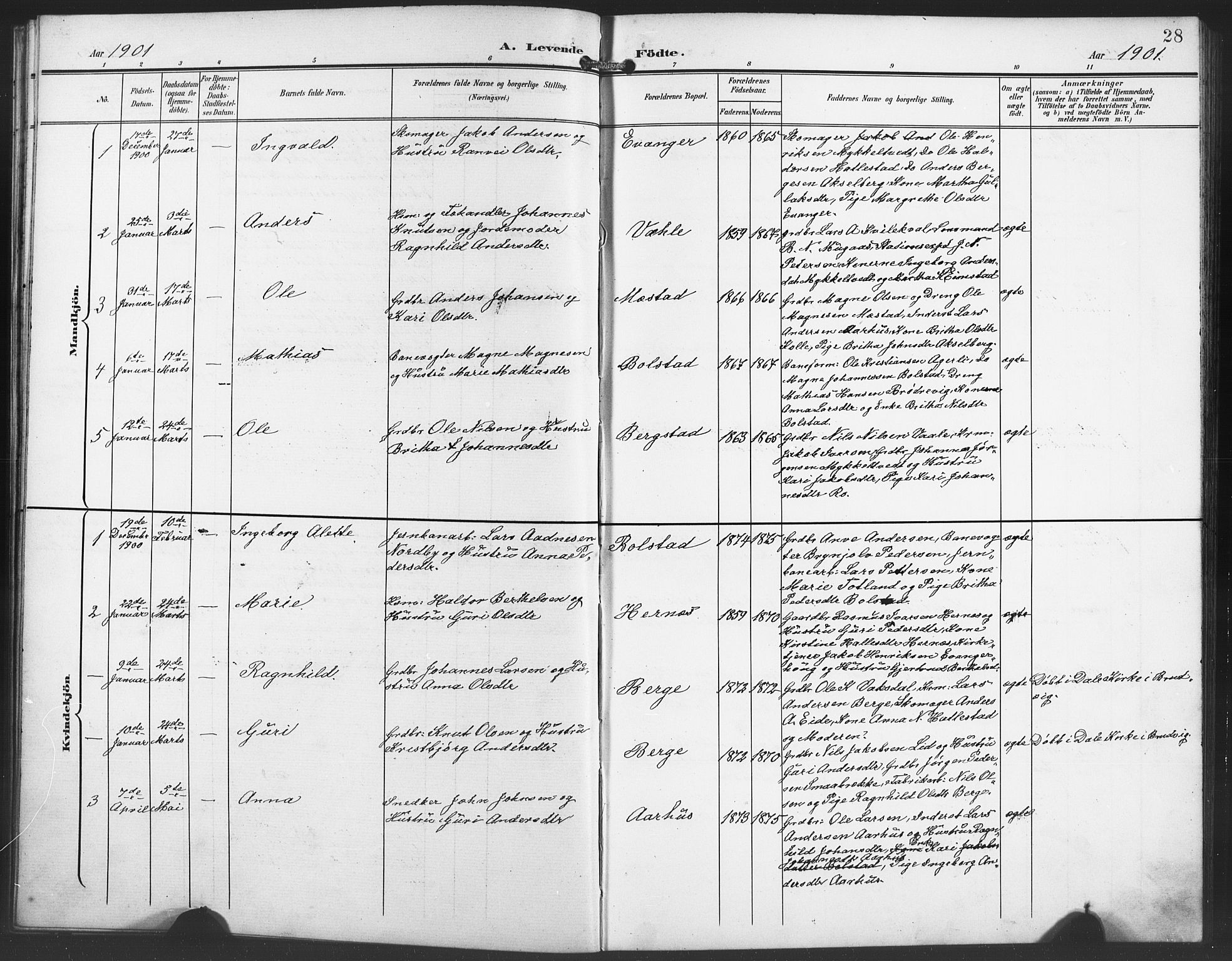 Evanger sokneprestembete, SAB/A-99924: Parish register (copy) no. A 5, 1897-1917, p. 28