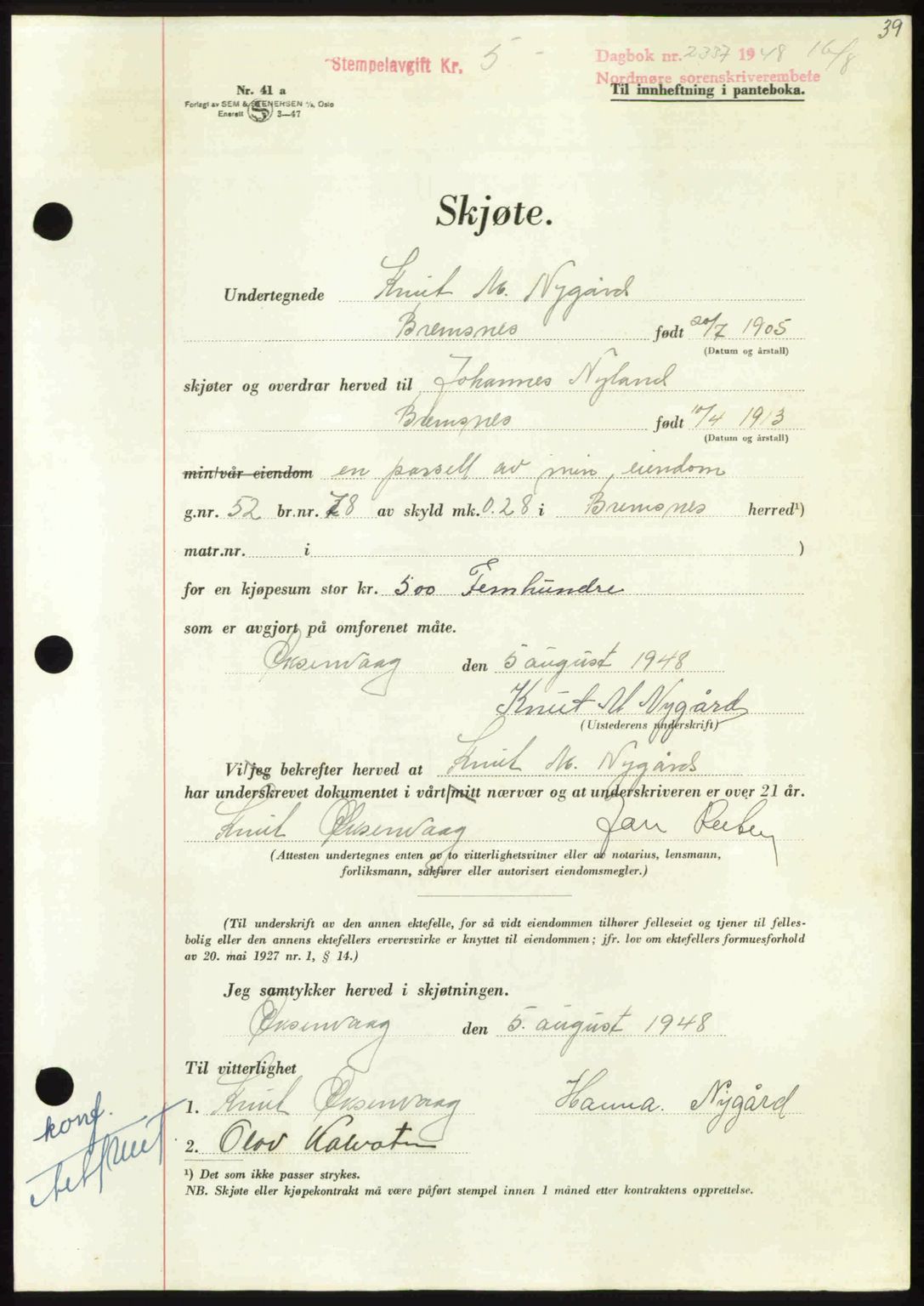 Nordmøre sorenskriveri, AV/SAT-A-4132/1/2/2Ca: Mortgage book no. A109, 1948-1948, Diary no: : 2337/1948