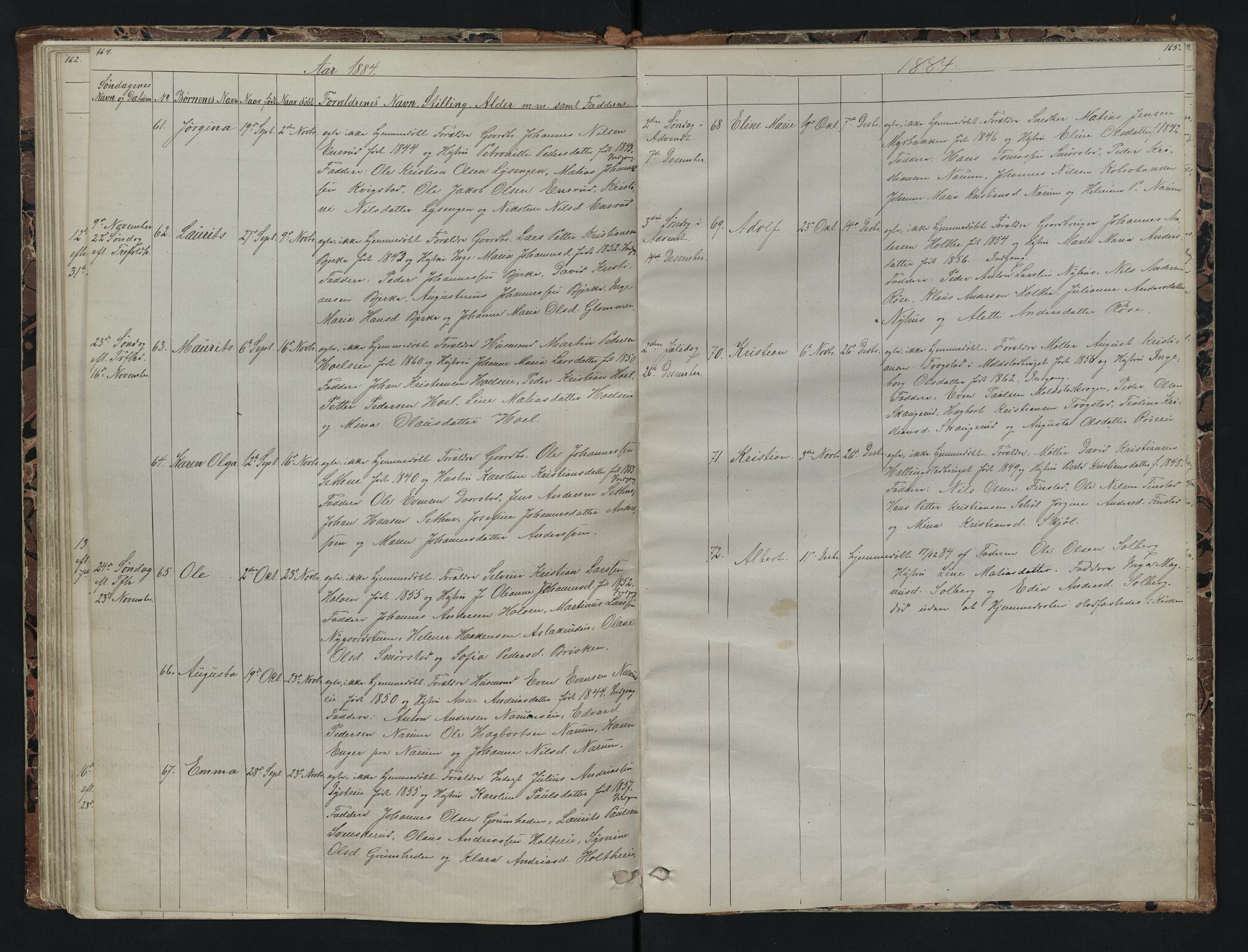 Vestre Toten prestekontor, SAH/PREST-108/H/Ha/Hab/L0007: Parish register (copy) no. 7, 1872-1900, p. 164-165
