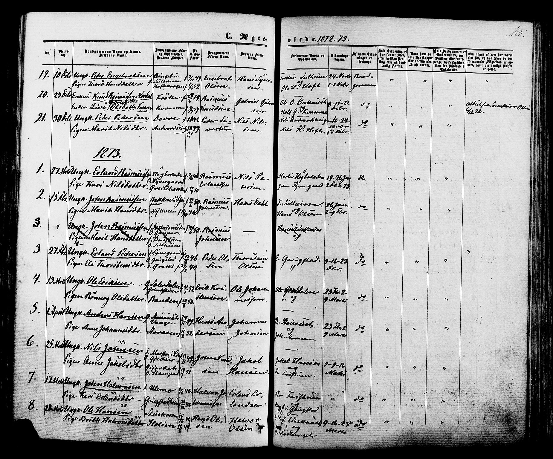 Lom prestekontor, SAH/PREST-070/K/L0007: Parish register (official) no. 7, 1863-1884, p. 185