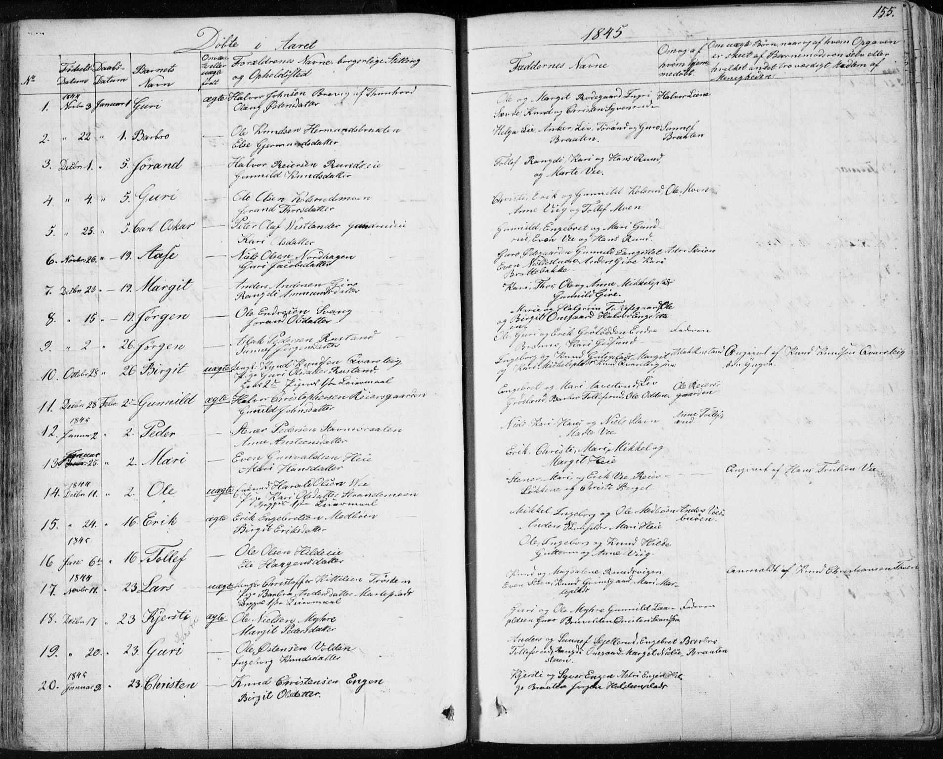 Nes kirkebøker, SAKO/A-236/F/Fa/L0009: Parish register (official) no. 9, 1834-1863, p. 155