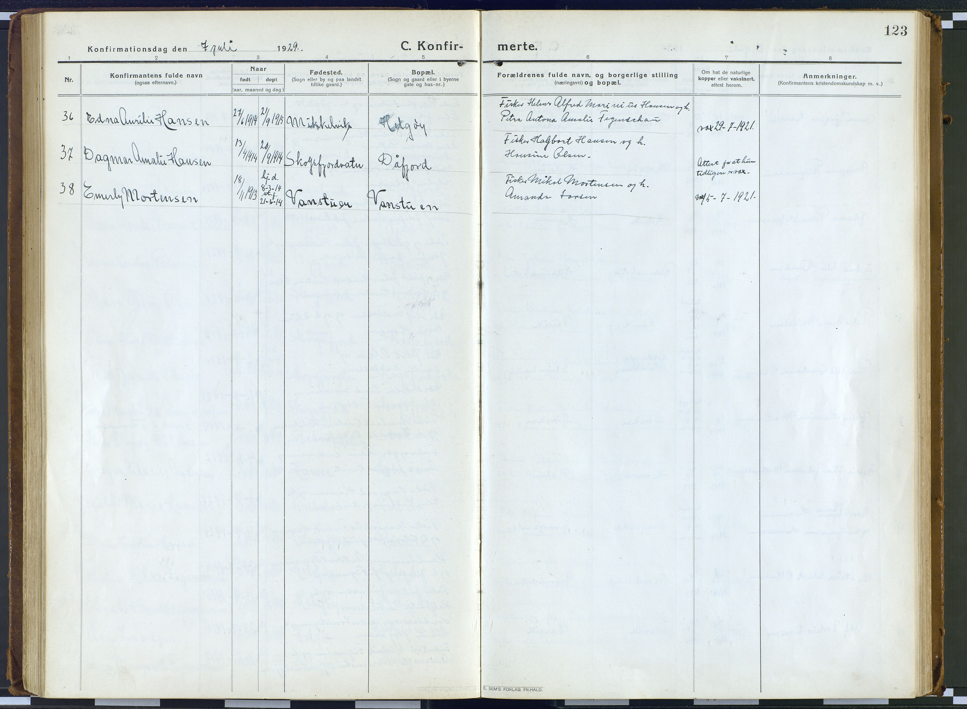 Karlsøy sokneprestembete, AV/SATØ-S-1299/H/Ha/Haa/L0016kirke: Parish register (official) no. 16, 1916-1934, p. 123