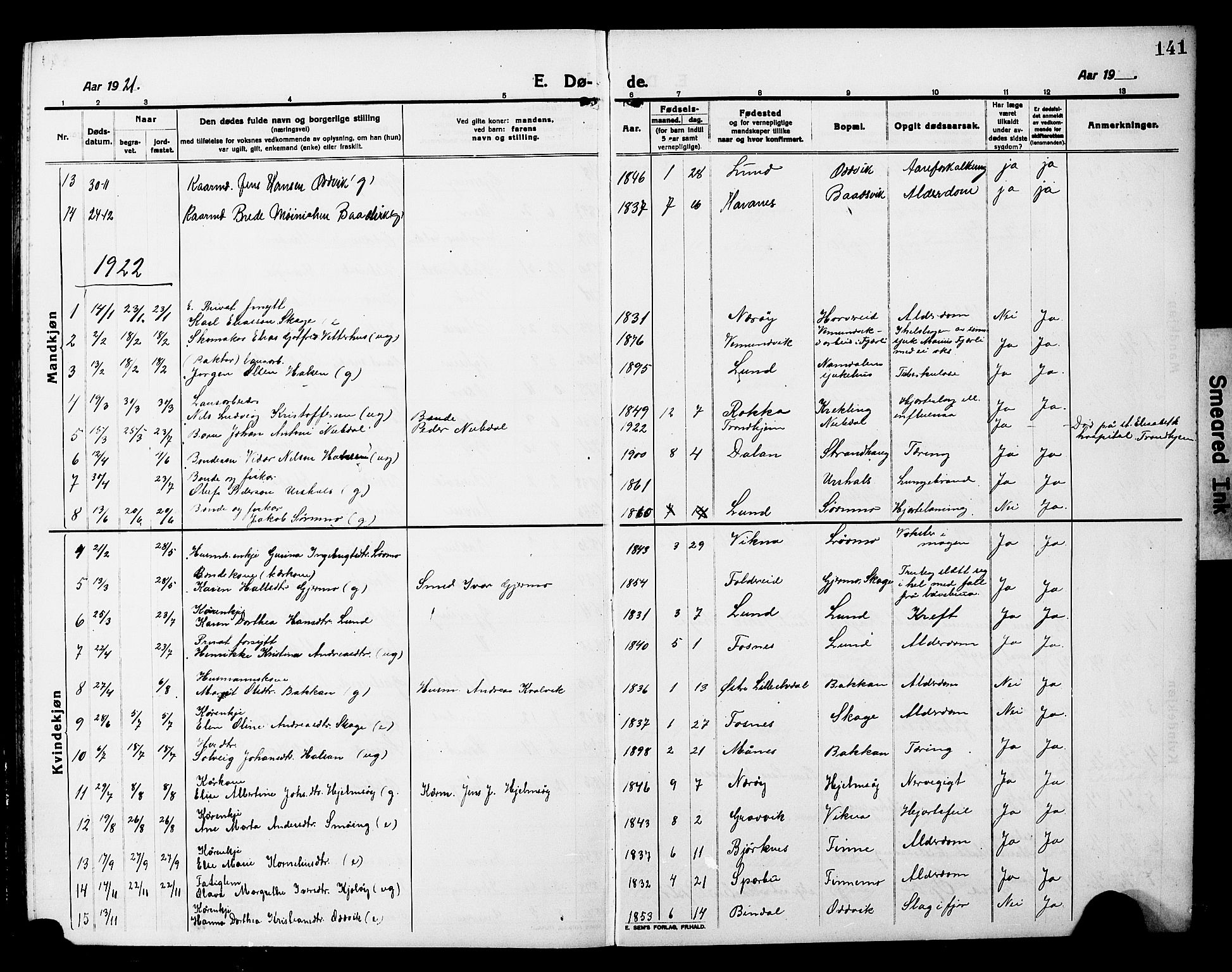 Ministerialprotokoller, klokkerbøker og fødselsregistre - Nord-Trøndelag, SAT/A-1458/780/L0653: Parish register (copy) no. 780C05, 1911-1927, p. 141