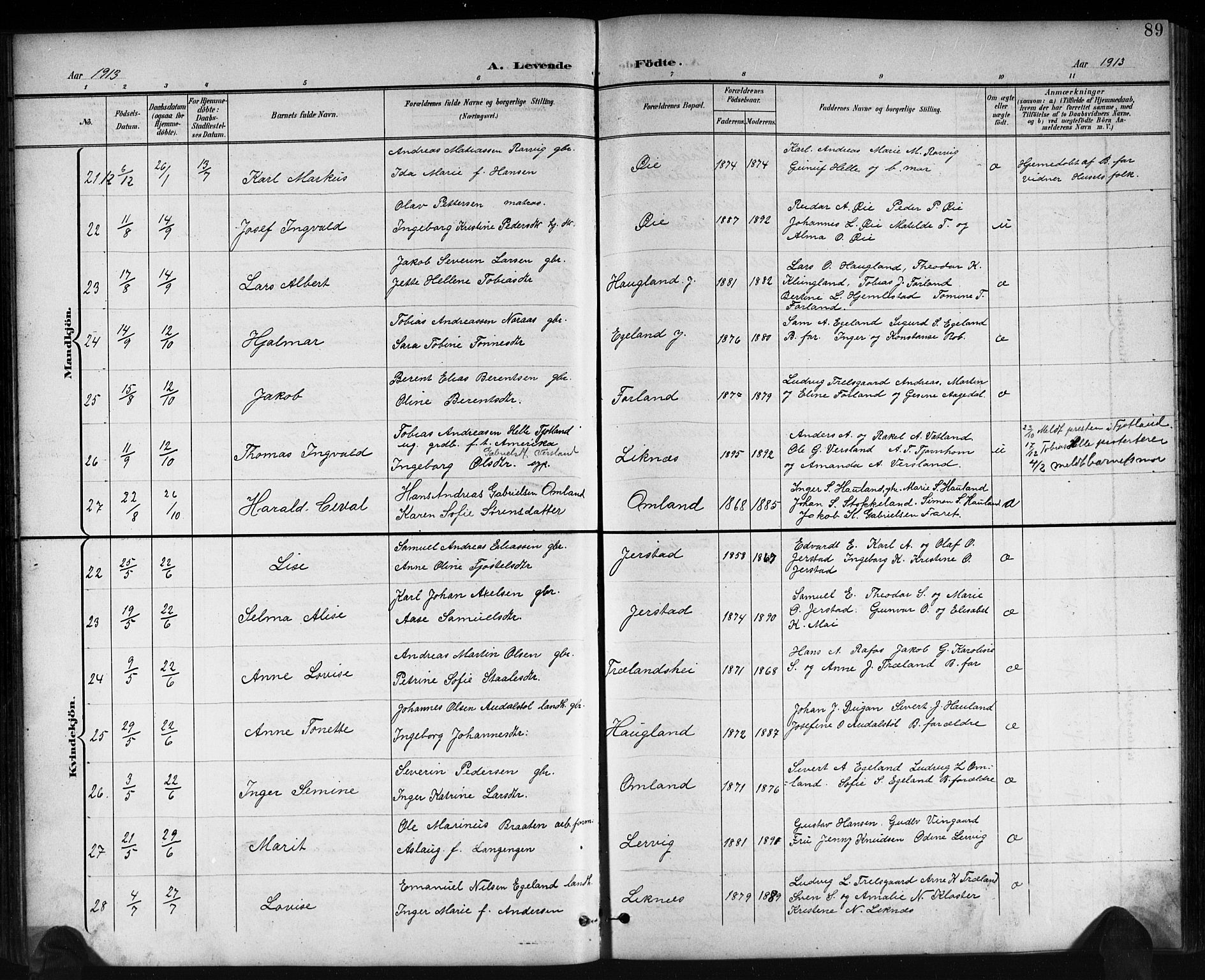 Kvinesdal sokneprestkontor, SAK/1111-0026/F/Fb/Fbb/L0003: Parish register (copy) no. B 3, 1898-1916, p. 89