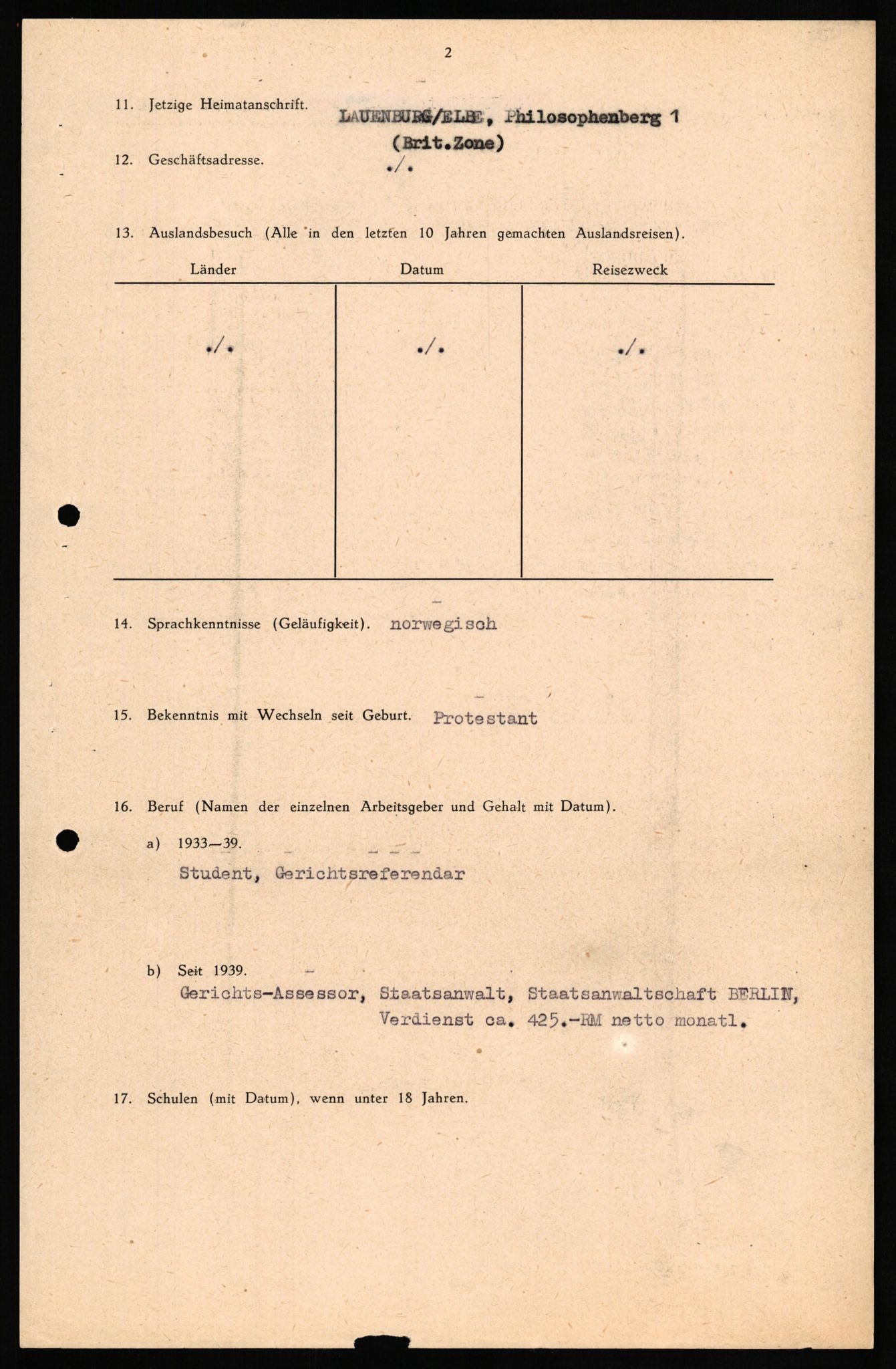 Forsvaret, Forsvarets overkommando II, RA/RAFA-3915/D/Db/L0017: CI Questionaires. Tyske okkupasjonsstyrker i Norge. Tyskere., 1945-1946, p. 170