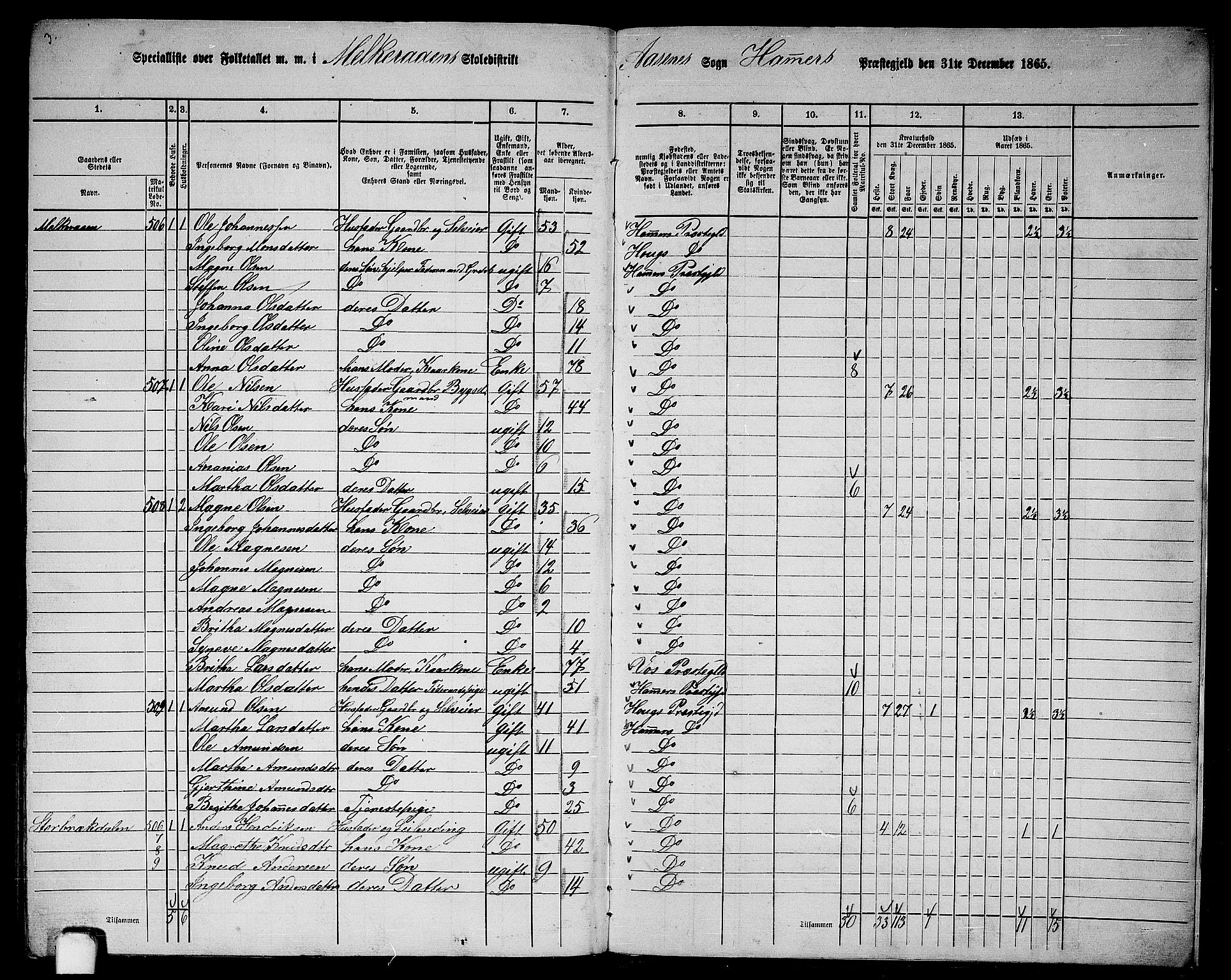 RA, 1865 census for Hamre, 1865, p. 217