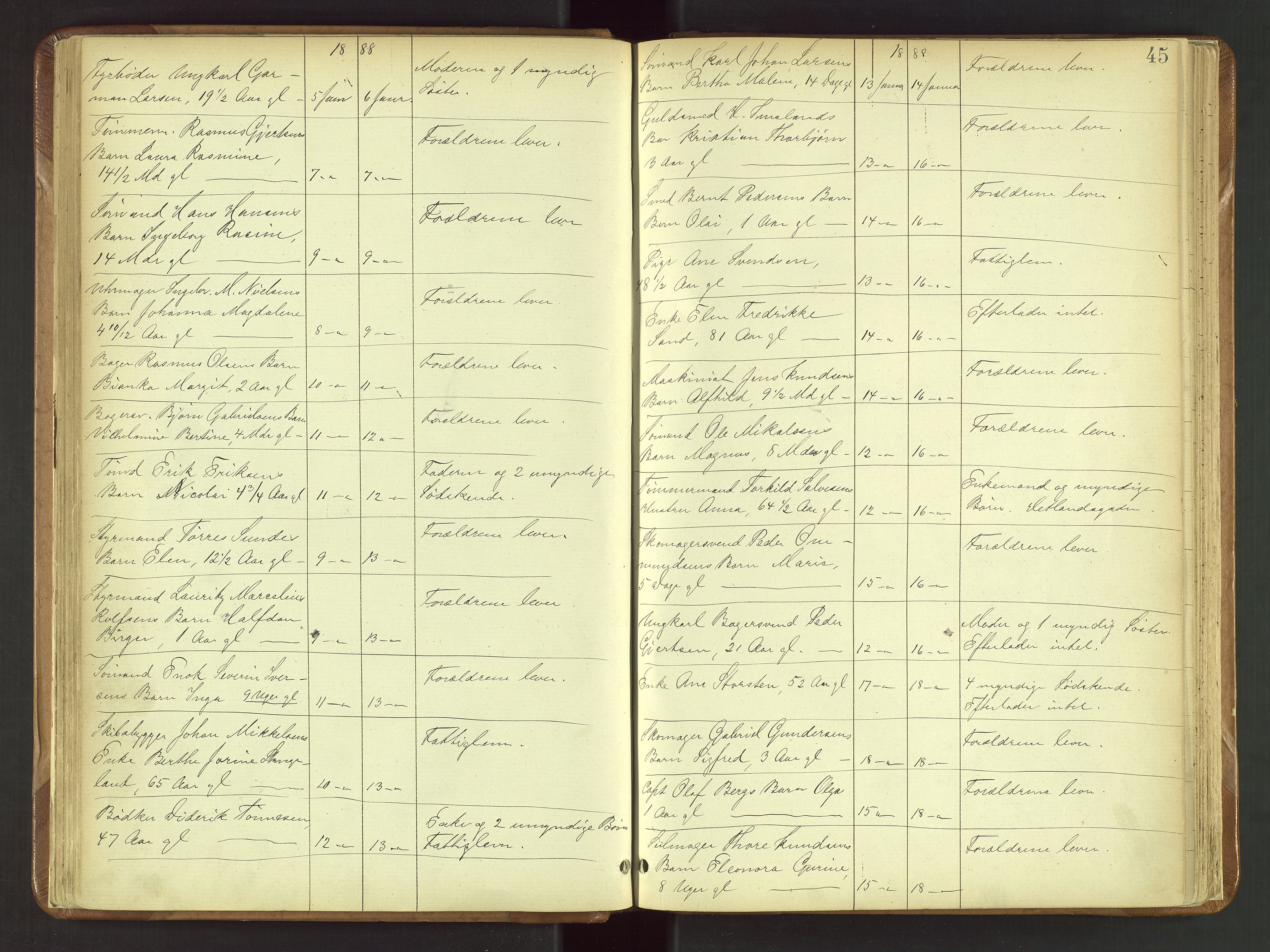 Stavanger skifteforvalter, AV/SAST-A-101412/001/5/52/52B/L0001: Dødsfallsprotokoll, 1885-1894, p. 45