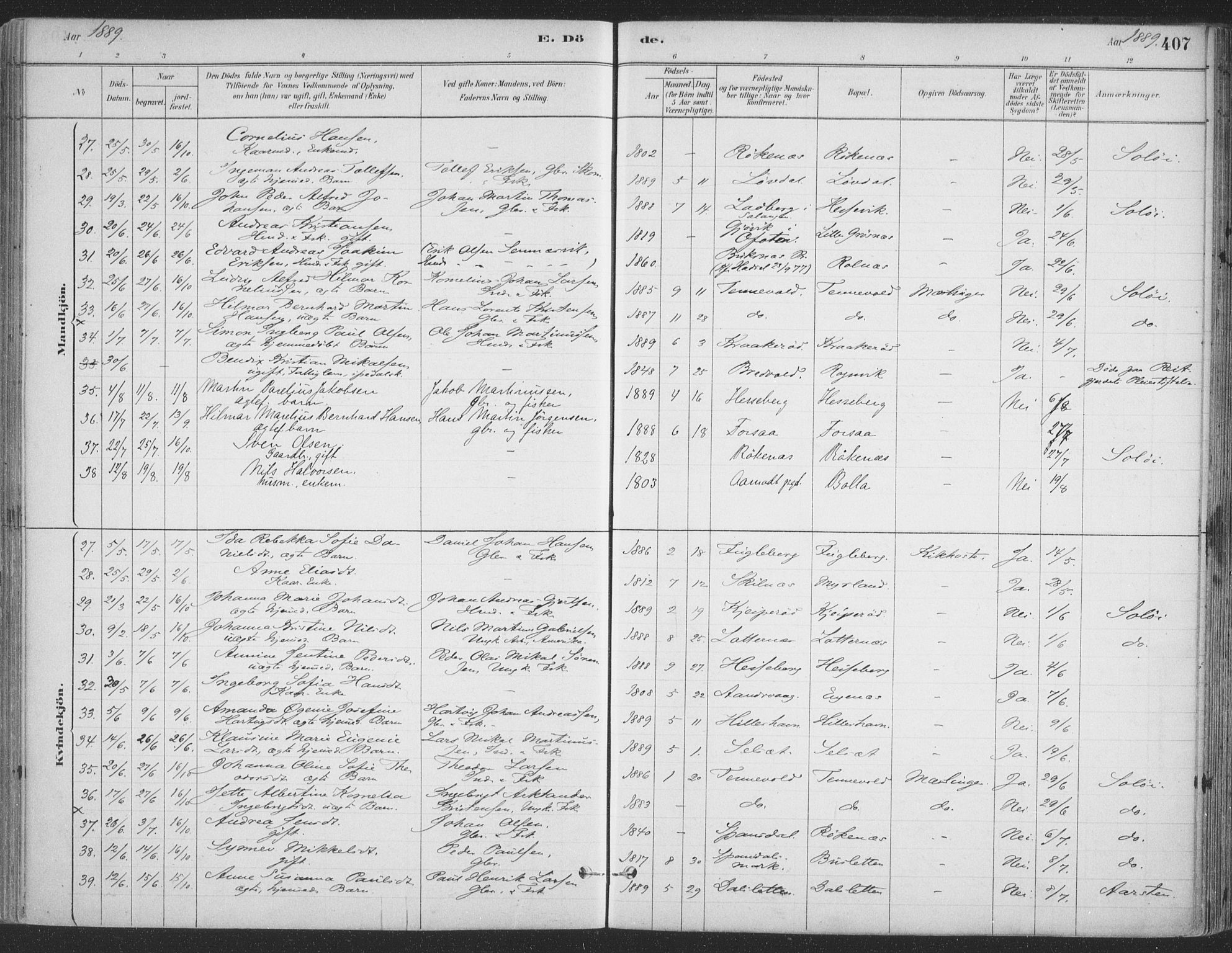 Ibestad sokneprestembete, AV/SATØ-S-0077/H/Ha/Haa/L0011kirke: Parish register (official) no. 11, 1880-1889, p. 407